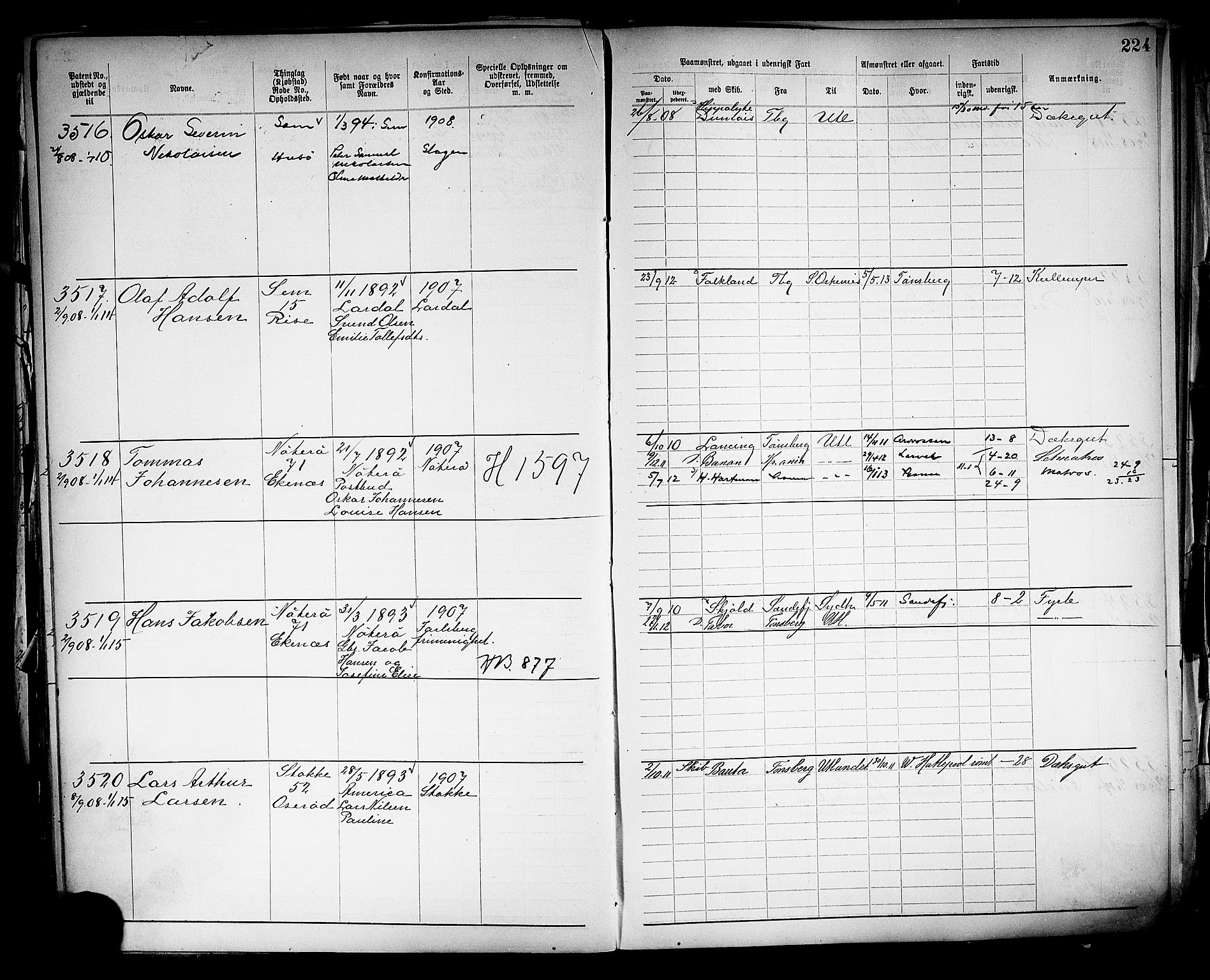 Tønsberg innrulleringskontor, SAKO/A-786/F/Fb/L0005: Annotasjonsrulle Patent nr. 2401-4080, 1904-1910, s. 227