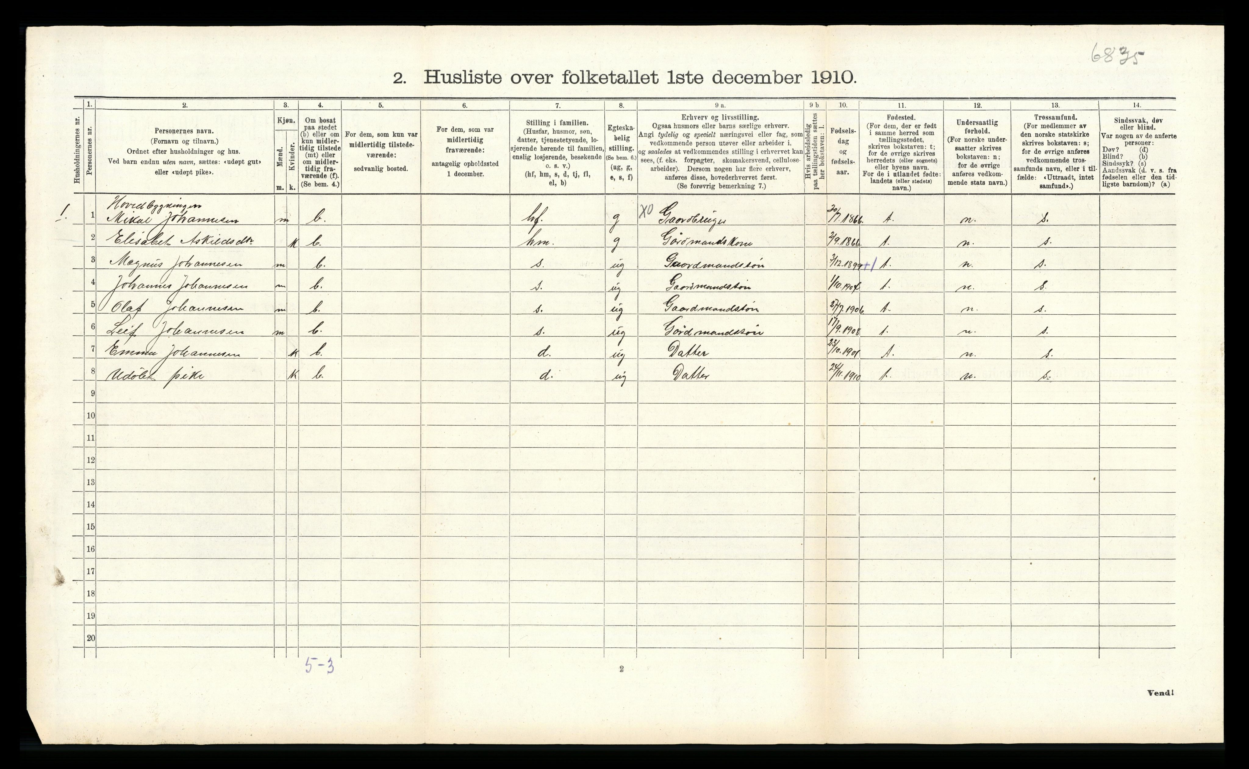 RA, Folketelling 1910 for 1250 Haus herred, 1910, s. 1223