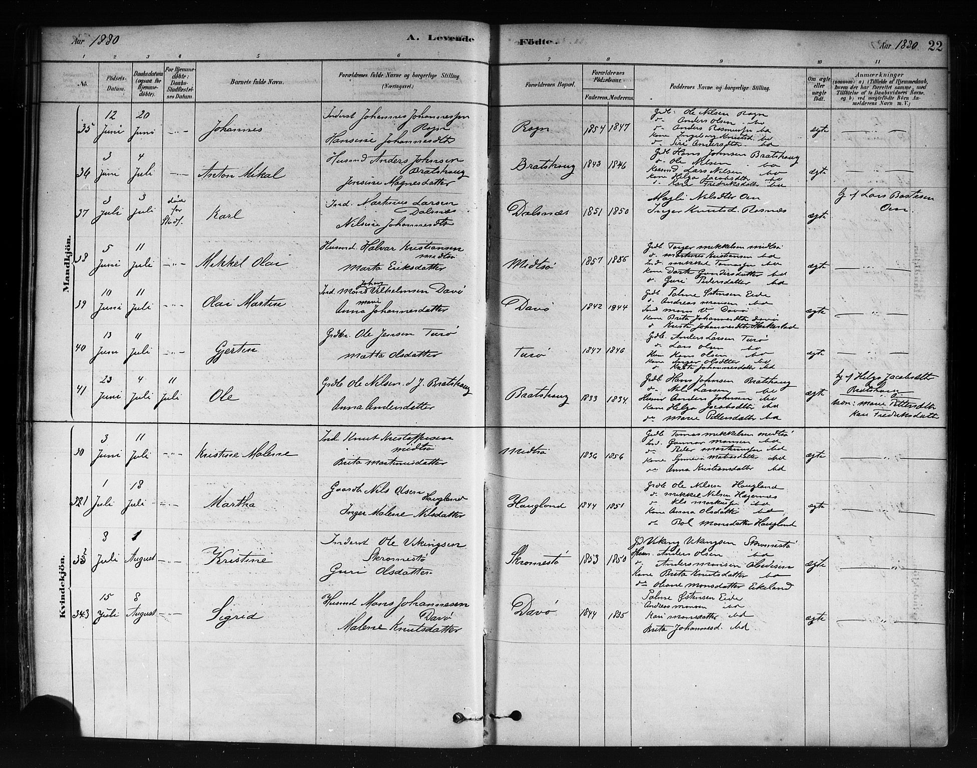 Herdla Sokneprestembete, AV/SAB-A-75701/H/Haa: Ministerialbok nr. A 3, 1878-1890, s. 22