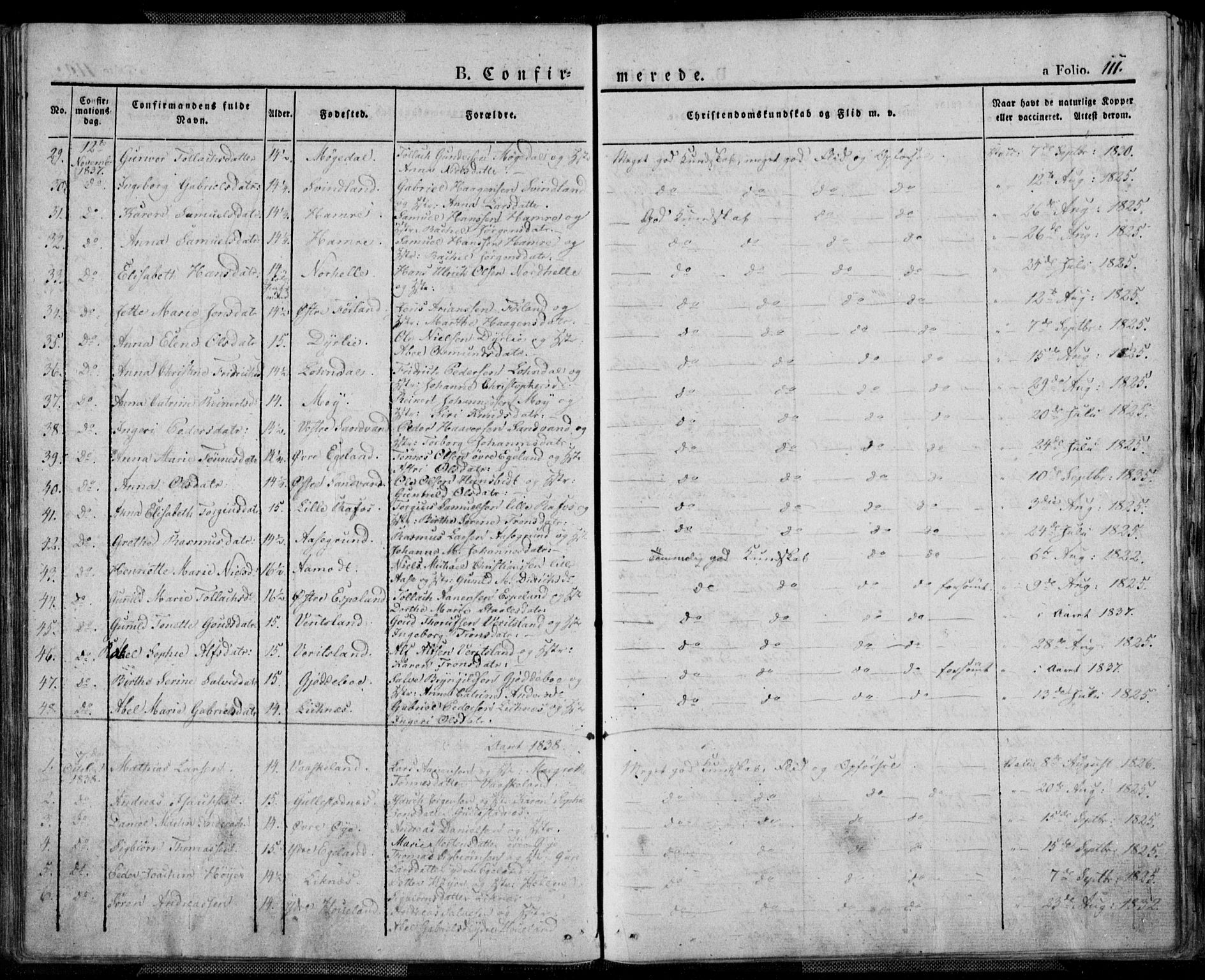 Kvinesdal sokneprestkontor, AV/SAK-1111-0026/F/Fa/Fab/L0004: Ministerialbok nr. A 4, 1829-1843, s. 111