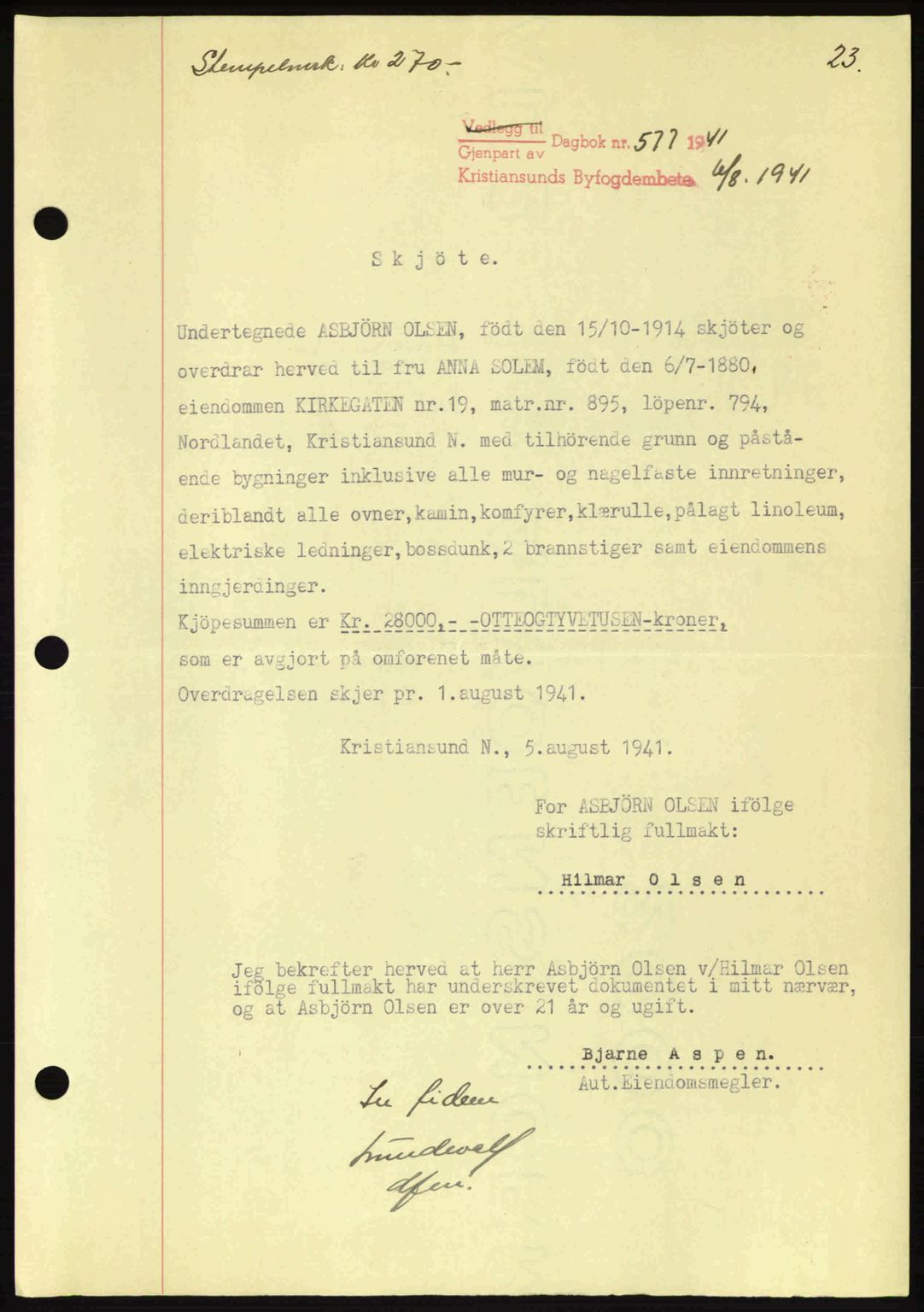 Kristiansund byfogd, AV/SAT-A-4587/A/27: Pantebok nr. 34, 1941-1945, Dagboknr: 577/1941