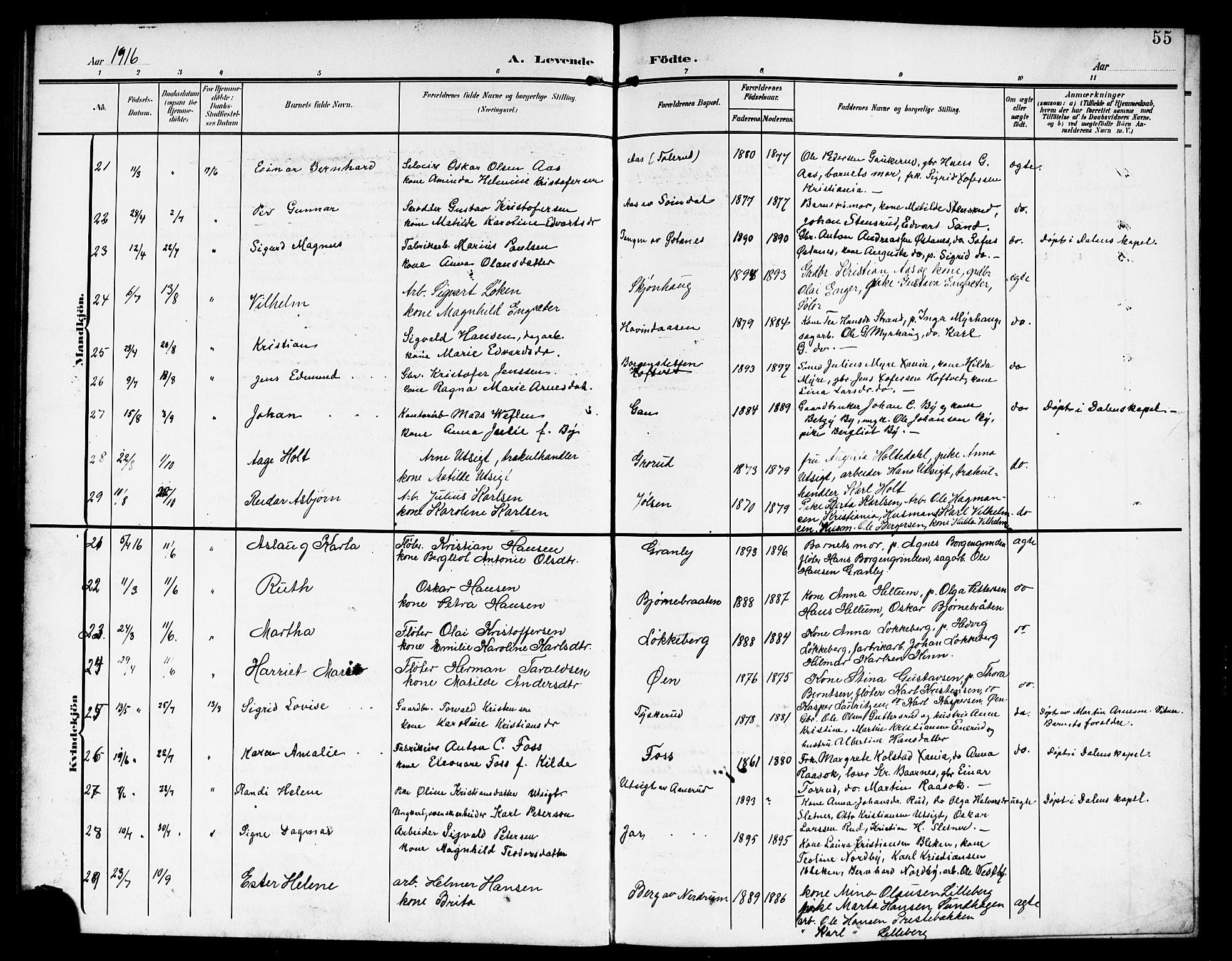 Fet prestekontor Kirkebøker, AV/SAO-A-10370a/G/Ga/L0008: Klokkerbok nr. I 8, 1907-1920, s. 55