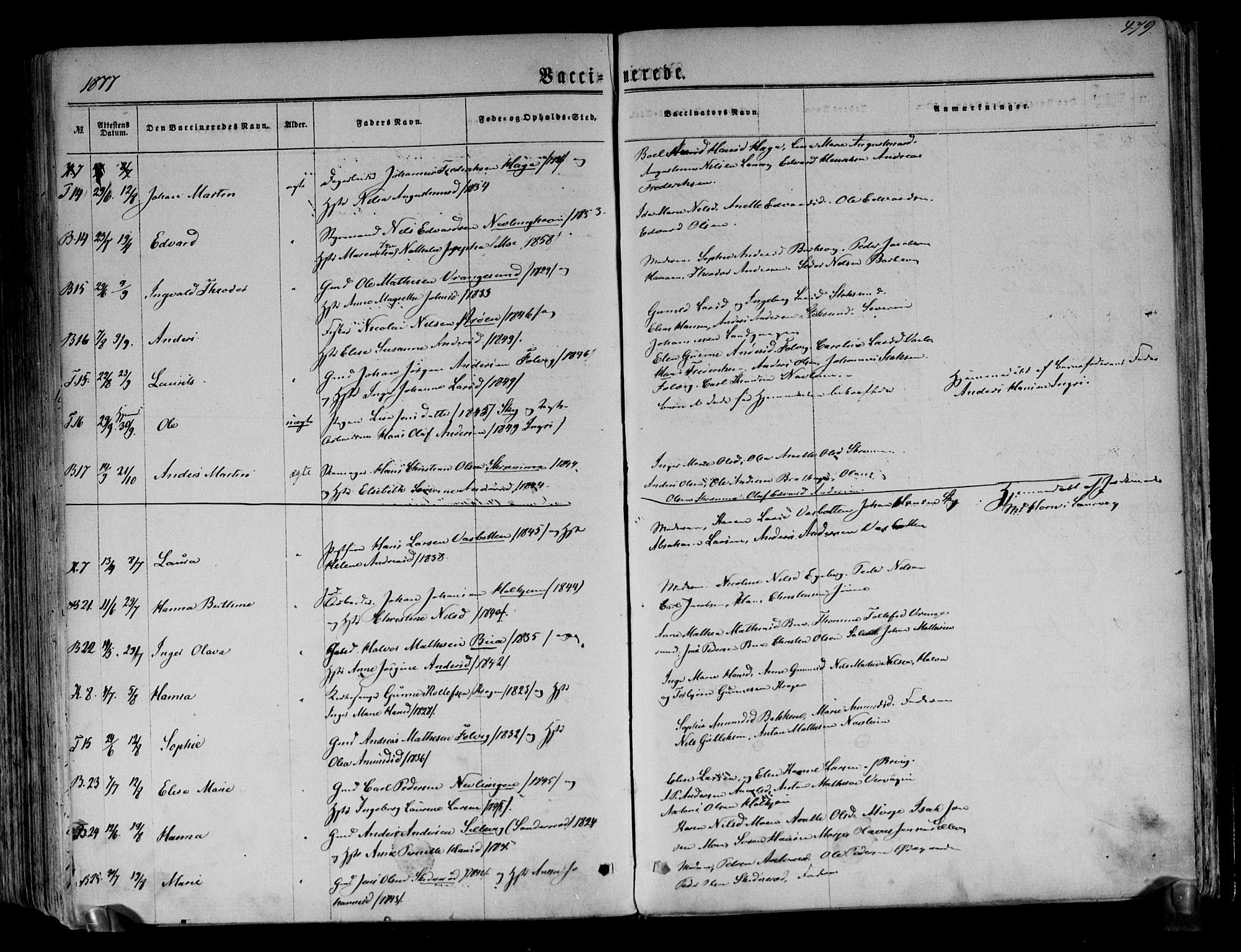 Brunlanes kirkebøker, AV/SAKO-A-342/F/Fa/L0005: Ministerialbok nr. I 5, 1862-1877, s. 479