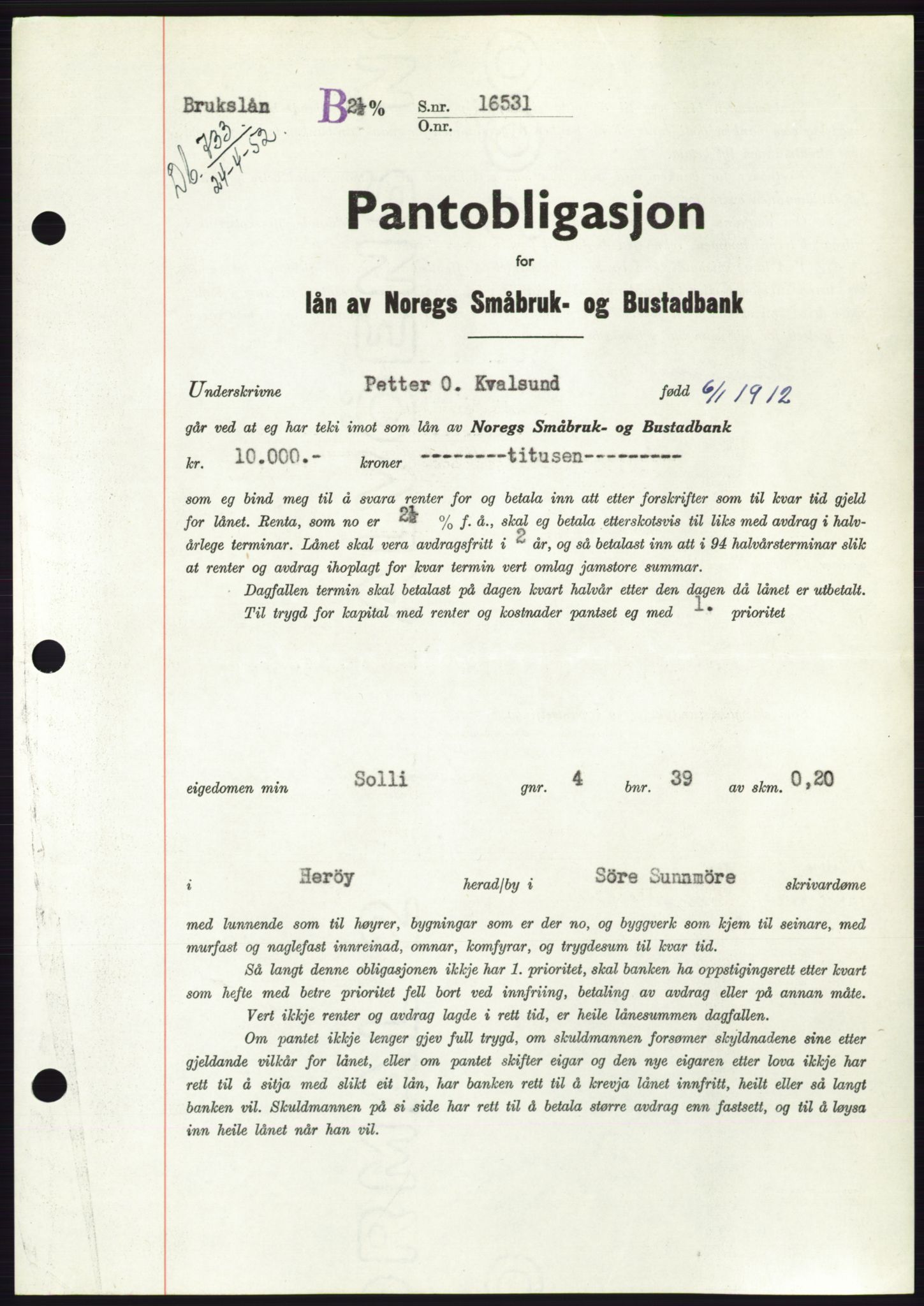 Søre Sunnmøre sorenskriveri, AV/SAT-A-4122/1/2/2C/L0121: Pantebok nr. 9B, 1951-1952, Dagboknr: 733/1952