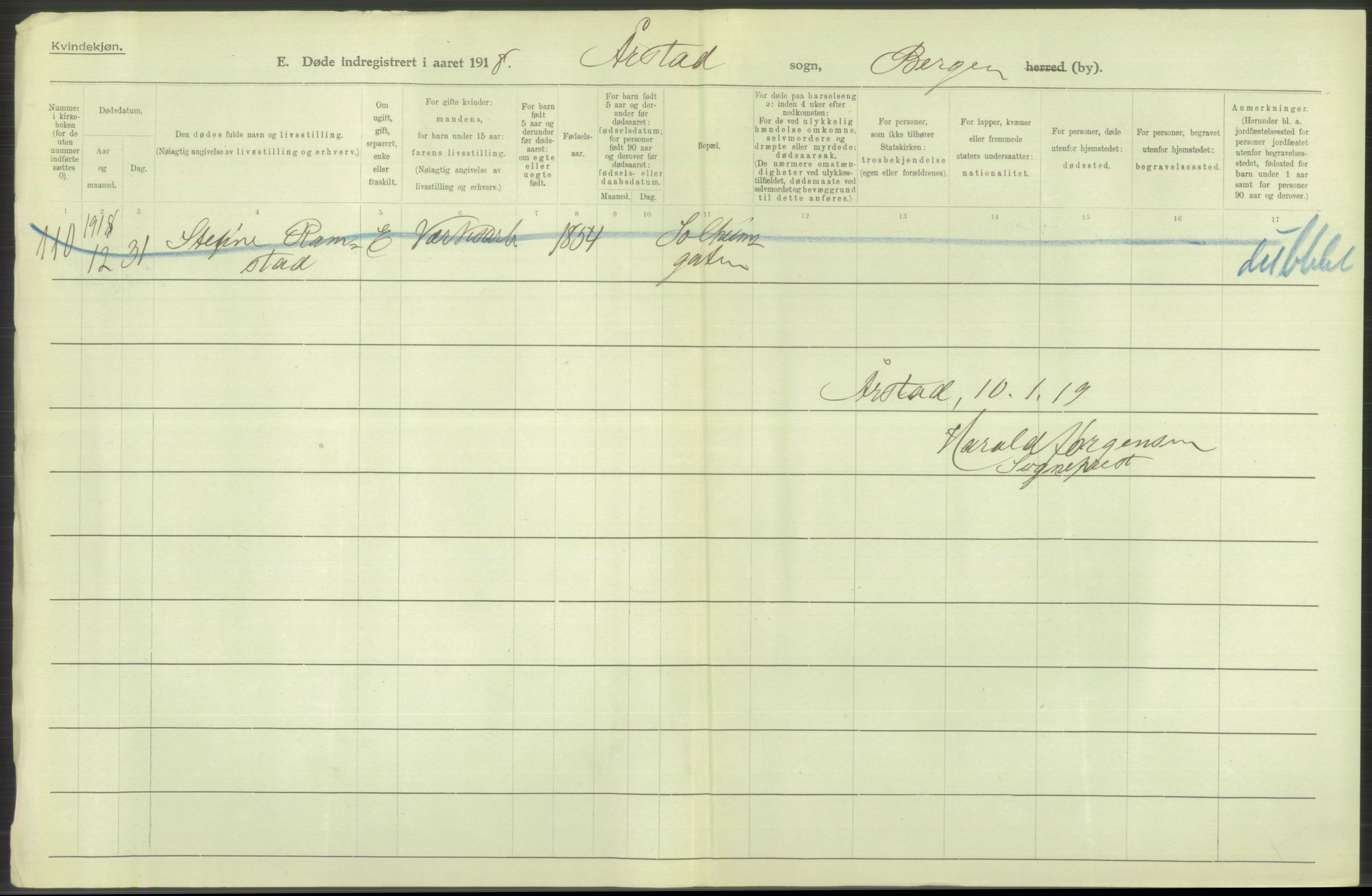 Statistisk sentralbyrå, Sosiodemografiske emner, Befolkning, AV/RA-S-2228/D/Df/Dfb/Dfbh/L0039: Bergen: Døde., 1918, s. 404