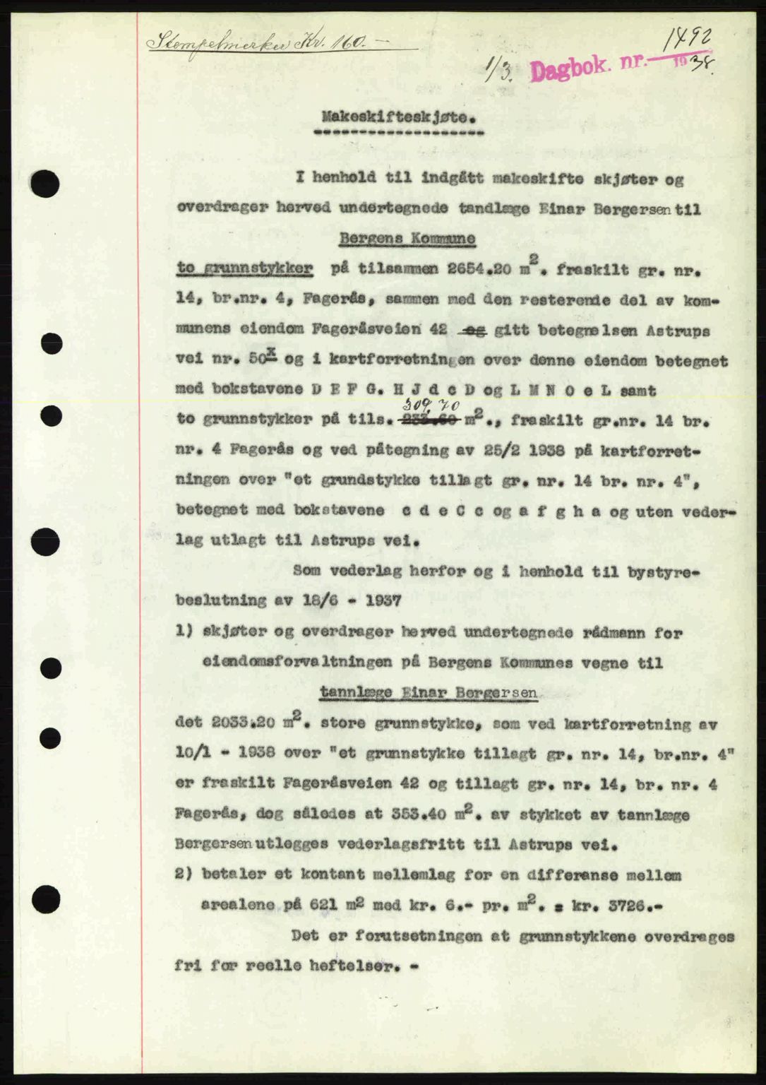 Byfogd og Byskriver i Bergen, SAB/A-3401/03/03Bc/L0006: Pantebok nr. A5, 1937-1938, Dagboknr: 1492/1938