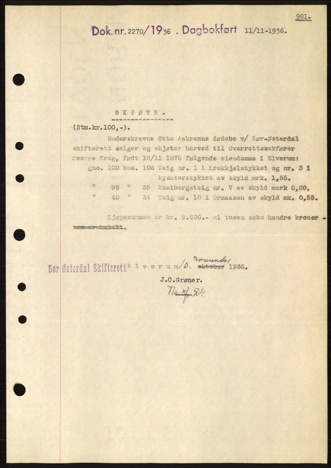 Sør-Østerdal sorenskriveri, SAH/TING-018/H/Hb/Hbb/L0054: Pantebok nr. A54, 1936-1936, Dagboknr: 2270/1936