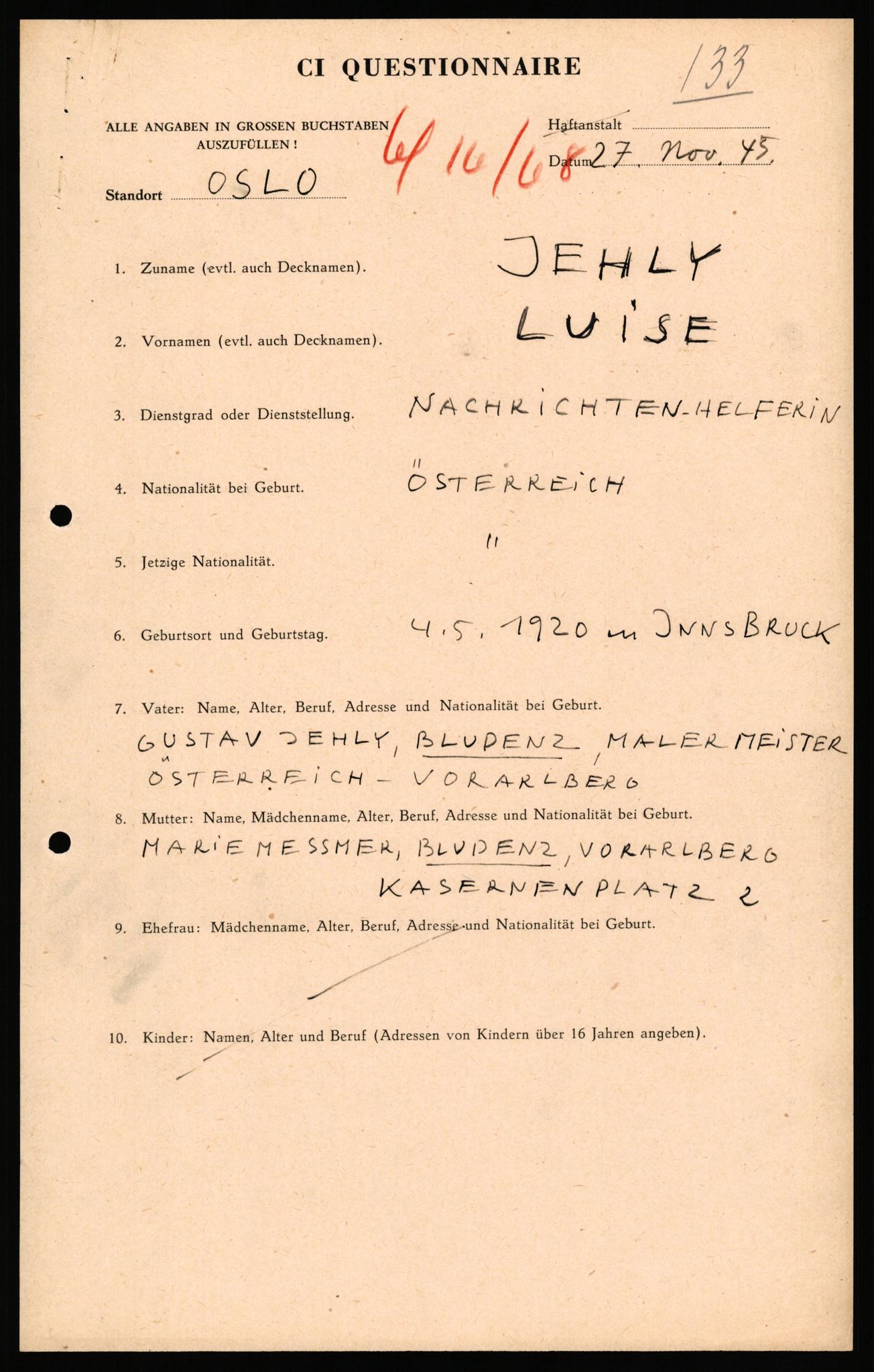 Forsvaret, Forsvarets overkommando II, AV/RA-RAFA-3915/D/Db/L0039: CI Questionaires. Tyske okkupasjonsstyrker i Norge. Østerrikere., 1945-1946, s. 117