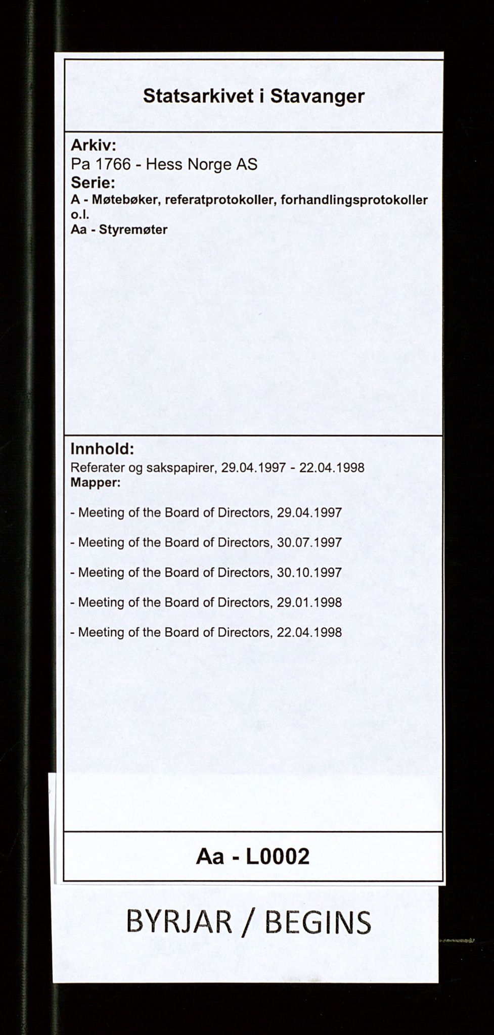 Pa 1766 - Hess Norge AS, AV/SAST-A-102451/A/Aa/L0002: Referater og sakspapirer, 1997-1998, s. 1