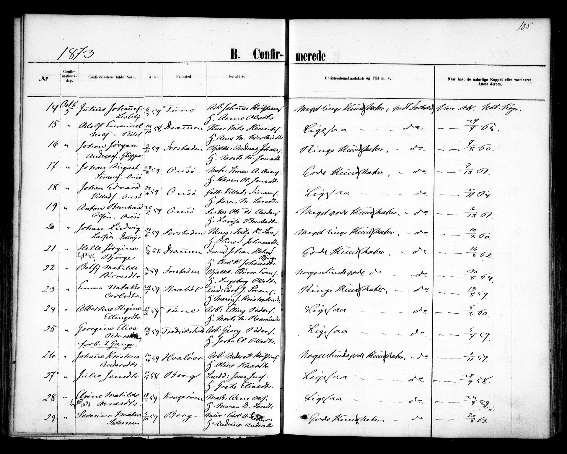 Glemmen prestekontor Kirkebøker, AV/SAO-A-10908/F/Fa/L0009: Ministerialbok nr. 9, 1871-1878, s. 185