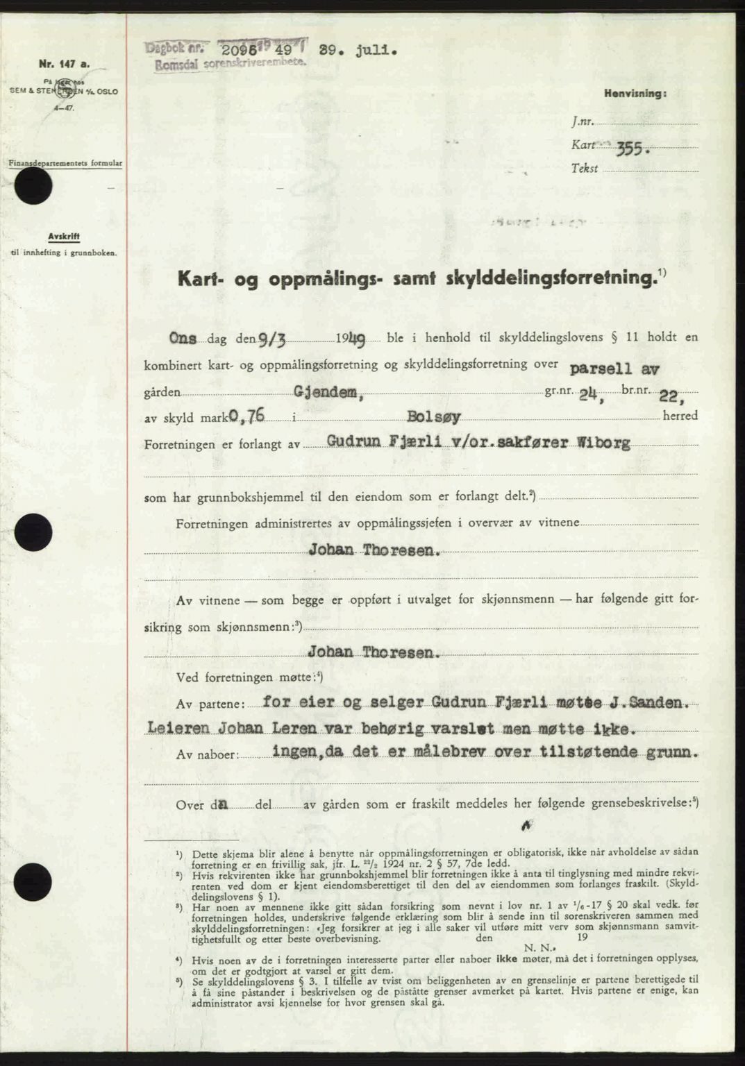 Romsdal sorenskriveri, SAT/A-4149/1/2/2C: Pantebok nr. A30, 1949-1949, Dagboknr: 2096/1949
