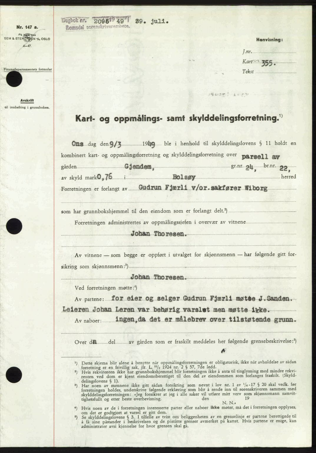 Romsdal sorenskriveri, AV/SAT-A-4149/1/2/2C: Pantebok nr. A30, 1949-1949, Dagboknr: 2096/1949