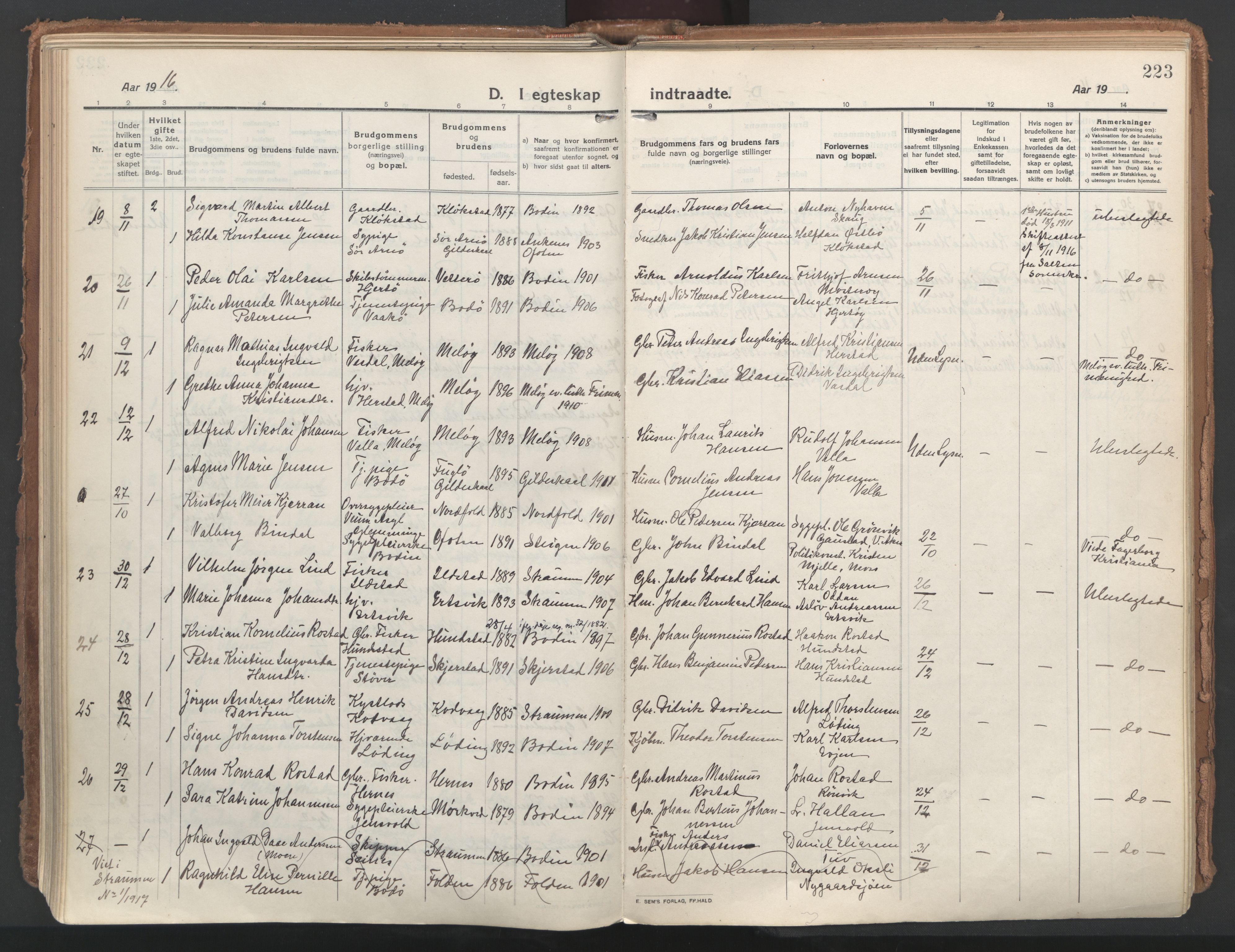 Ministerialprotokoller, klokkerbøker og fødselsregistre - Nordland, AV/SAT-A-1459/802/L0060: Ministerialbok nr. 802A07, 1916-1933, s. 223