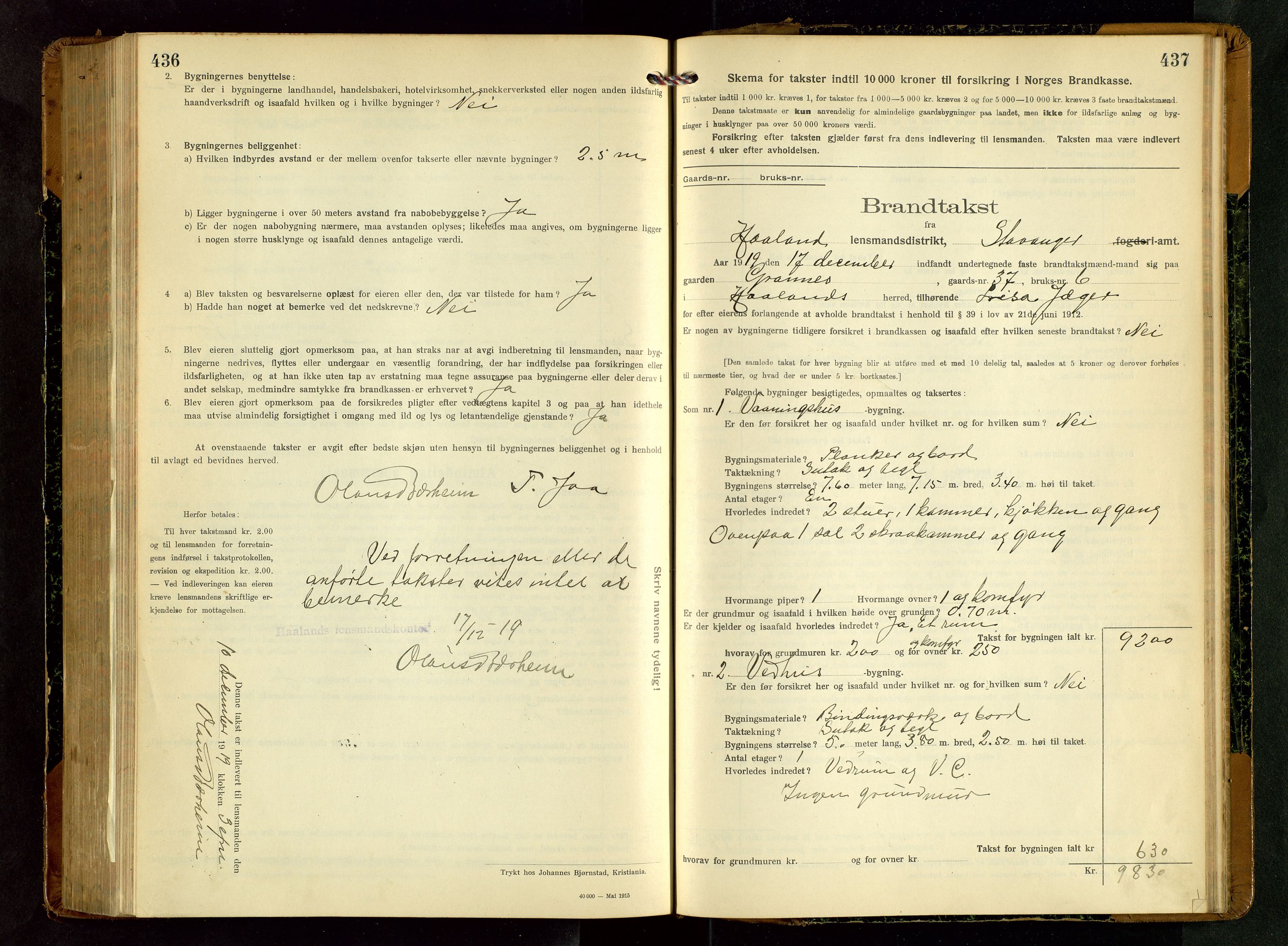 Håland lensmannskontor, SAST/A-100100/Gob/L0006: Branntakstprotokoll - skjematakst. Register i boken., 1917-1920, s. 436-437