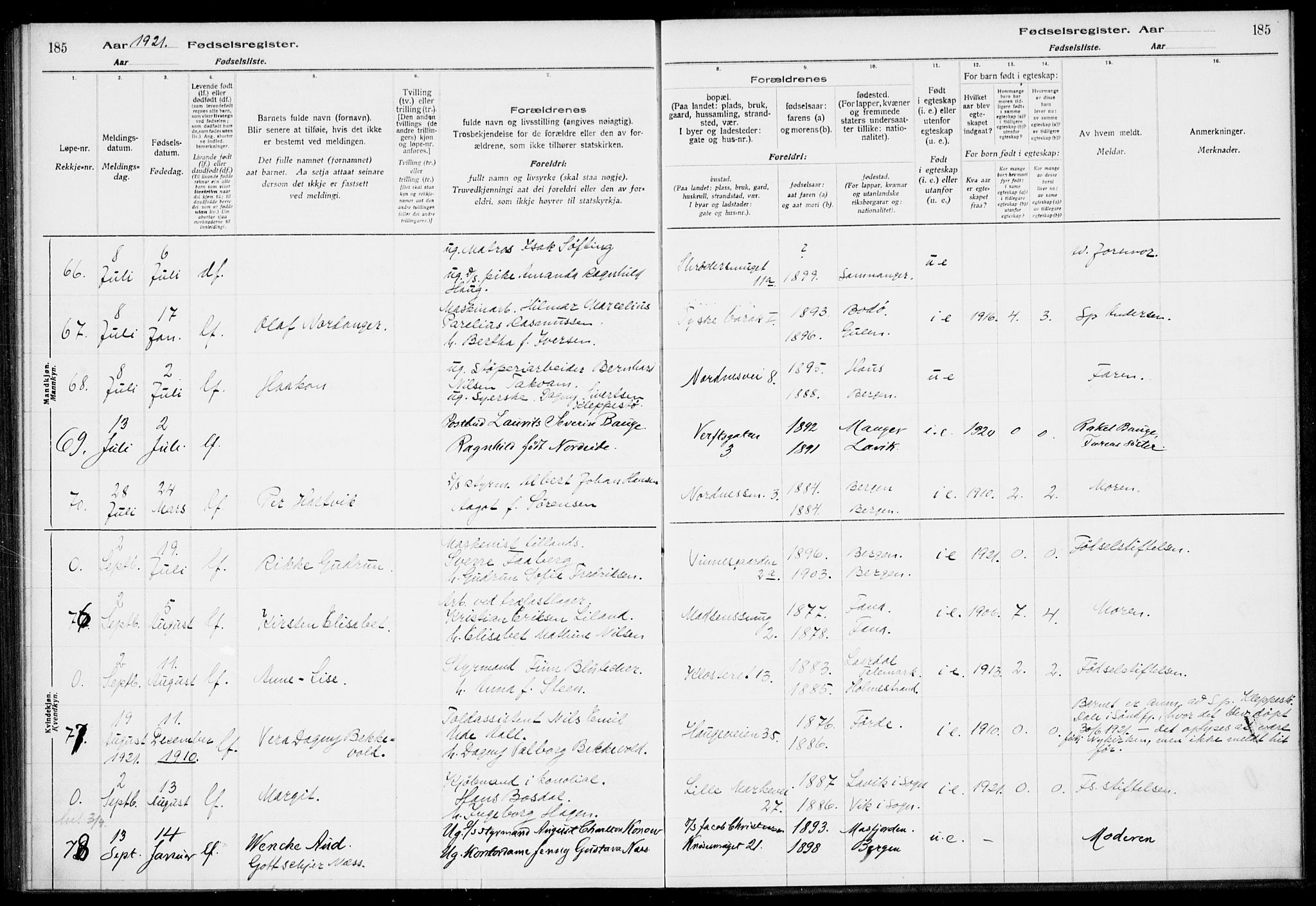 Nykirken Sokneprestembete, SAB/A-77101/I/Id/L00A1: Fødselsregister nr. A 1, 1916-1922, s. 185