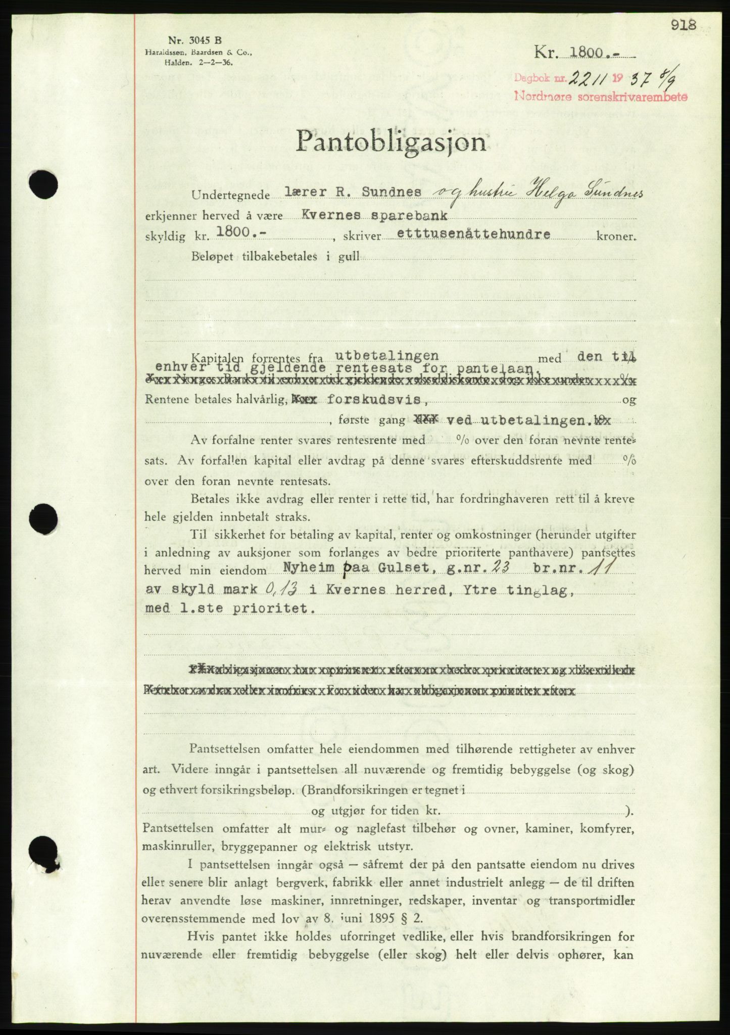 Nordmøre sorenskriveri, AV/SAT-A-4132/1/2/2Ca/L0091: Pantebok nr. B81, 1937-1937, Dagboknr: 2211/1937