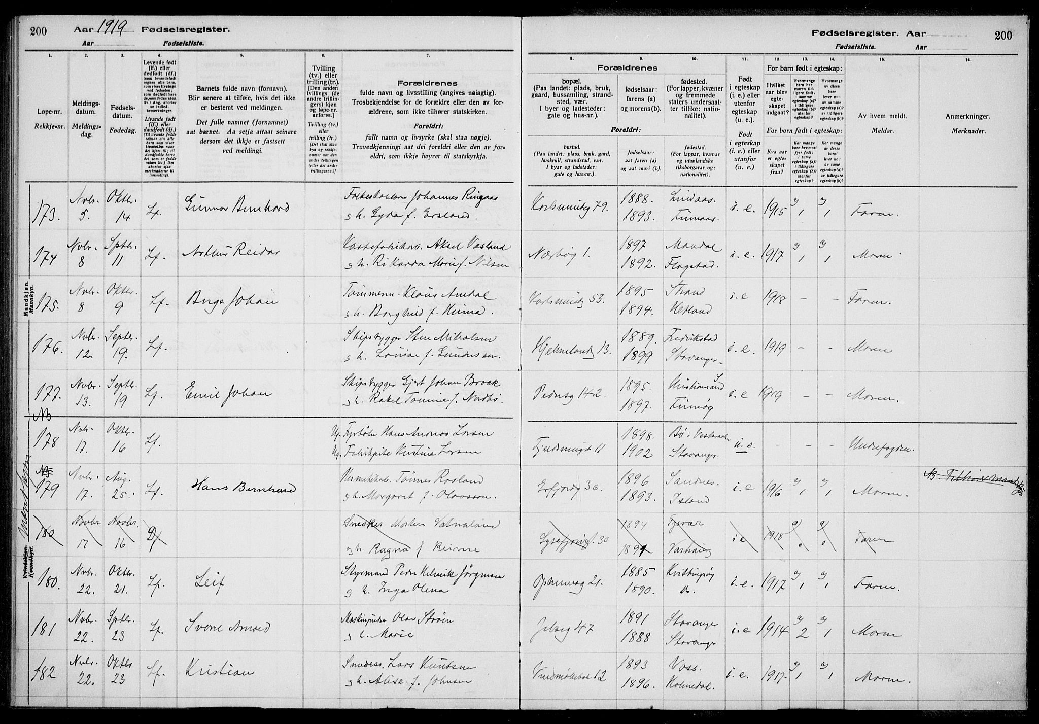 St. Johannes sokneprestkontor, AV/SAST-A-101814/002/A/L0001: Fødselsregister nr. 1, 1916-1919, s. 200