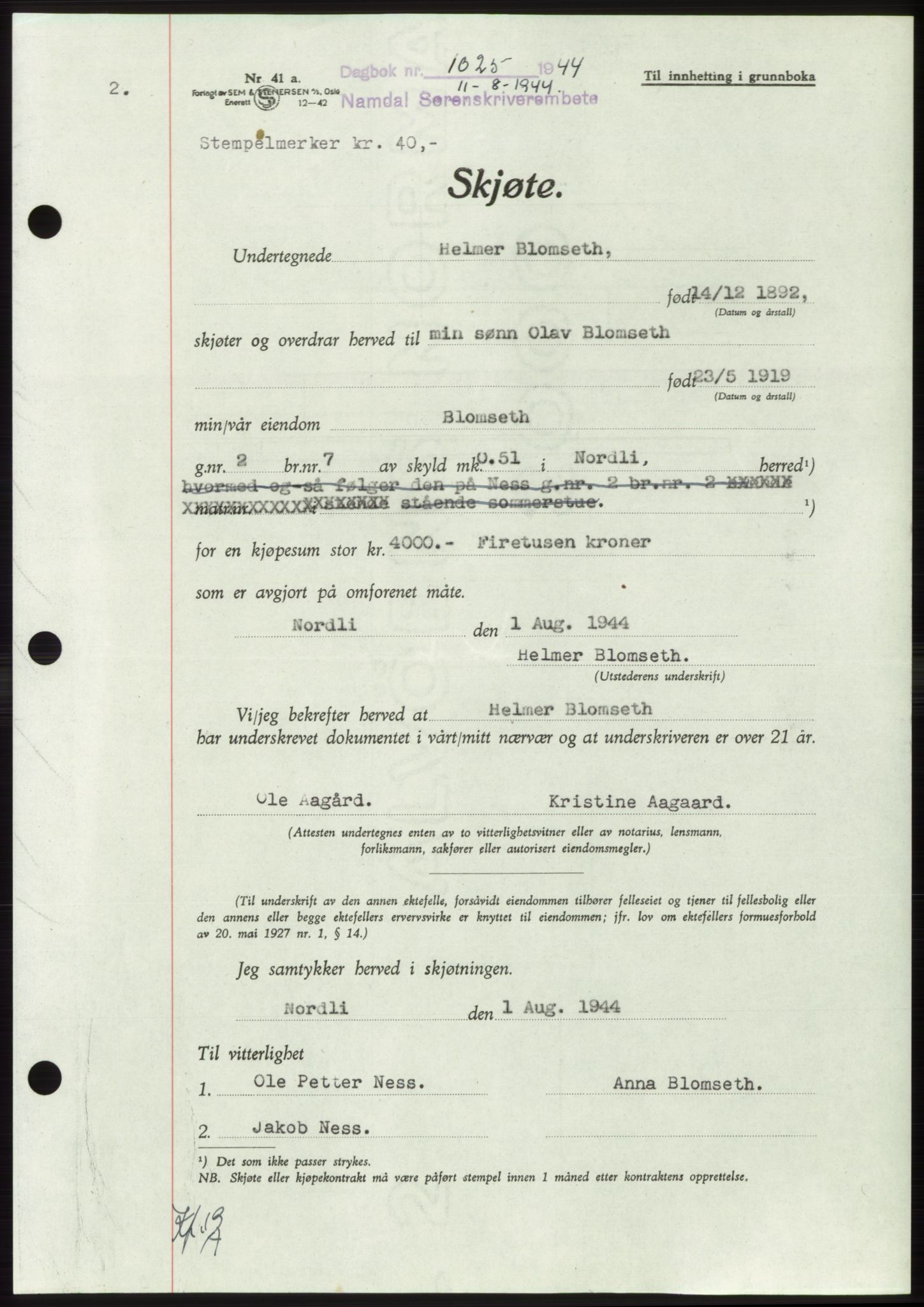 Namdal sorenskriveri, SAT/A-4133/1/2/2C: Pantebok nr. -, 1944-1945, Dagboknr: 1025/1944