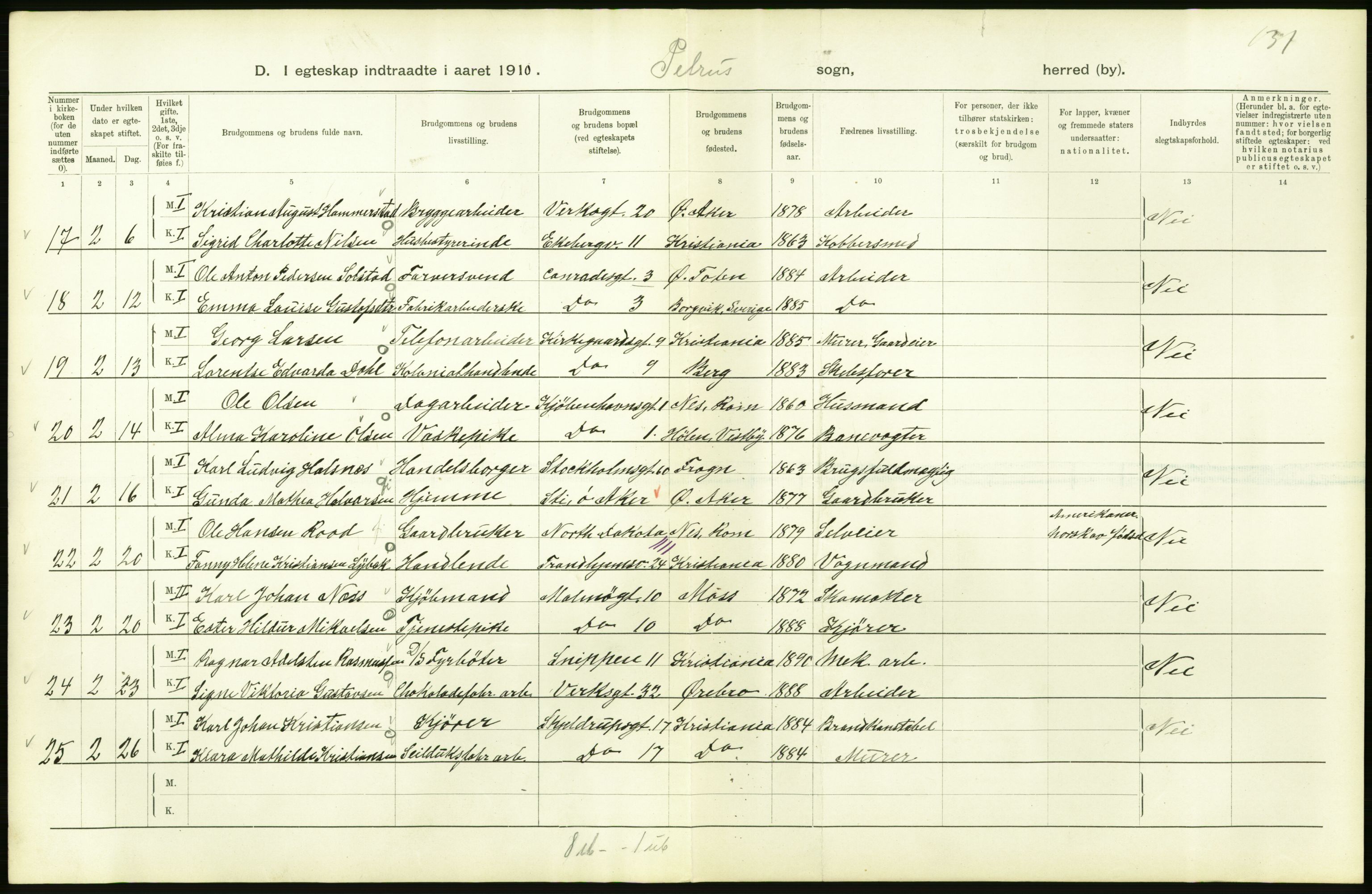 Statistisk sentralbyrå, Sosiodemografiske emner, Befolkning, AV/RA-S-2228/D/Df/Dfa/Dfah/L0009: Kristiania: Gifte og dødfødte., 1910, s. 236