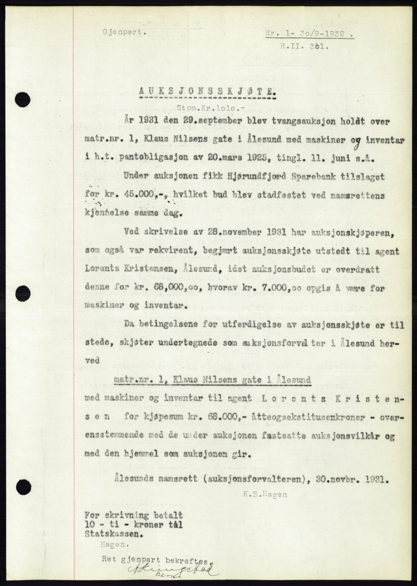 Ålesund byfogd, SAT/A-4384: Pantebok nr. 30, 1932-1933, Tingl.dato: 30.09.1932