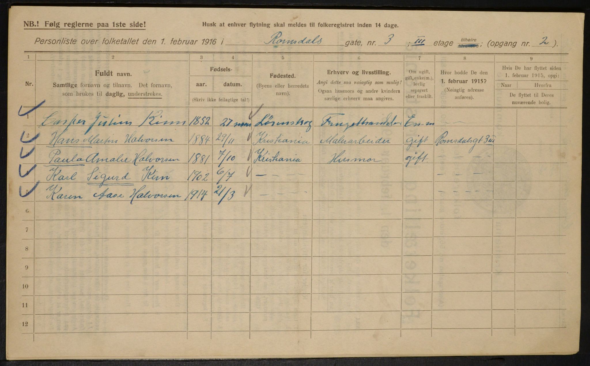 OBA, Kommunal folketelling 1.2.1916 for Kristiania, 1916, s. 85353