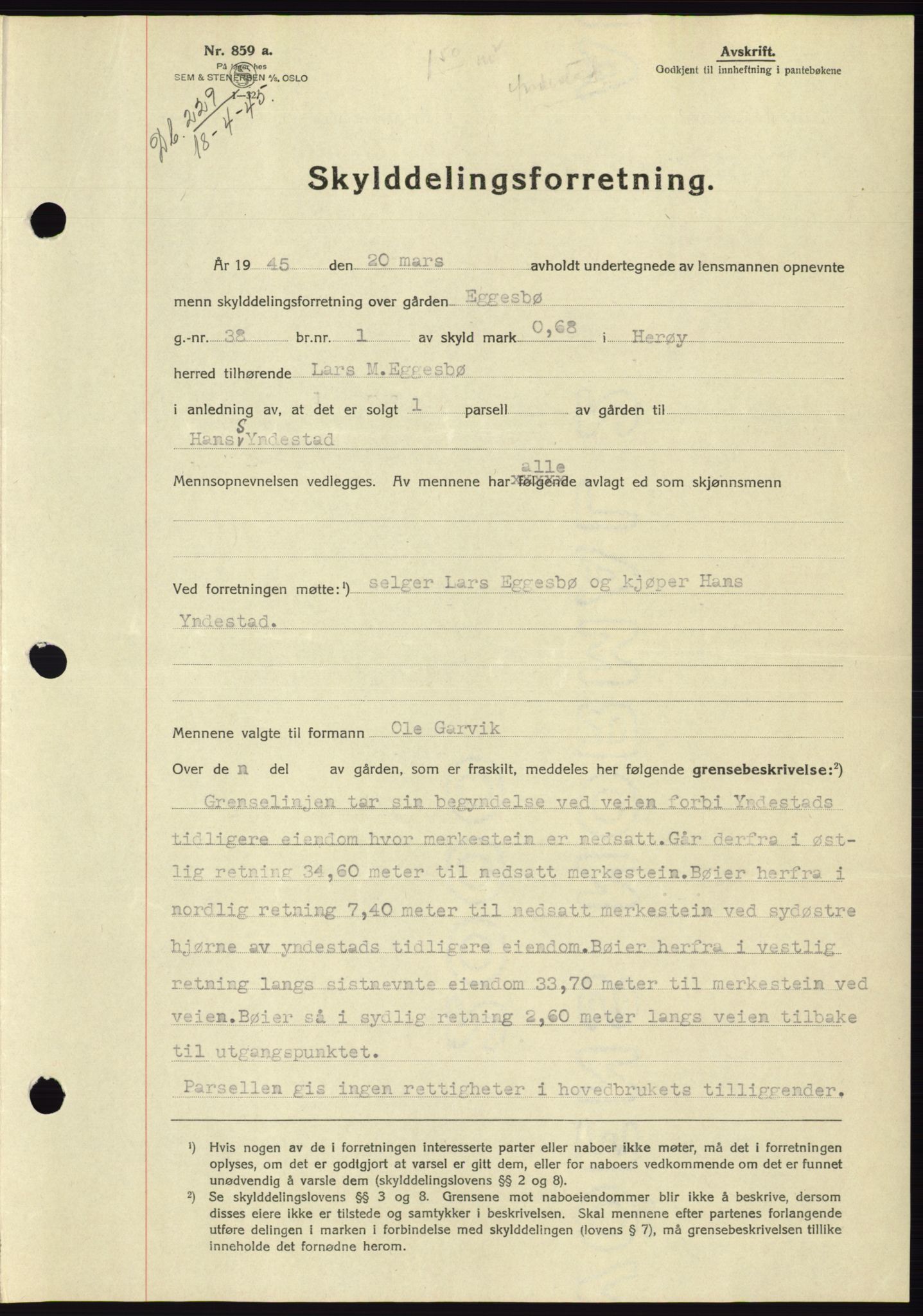 Søre Sunnmøre sorenskriveri, AV/SAT-A-4122/1/2/2C/L0077: Pantebok nr. 3A, 1945-1946, Dagboknr: 229/1945