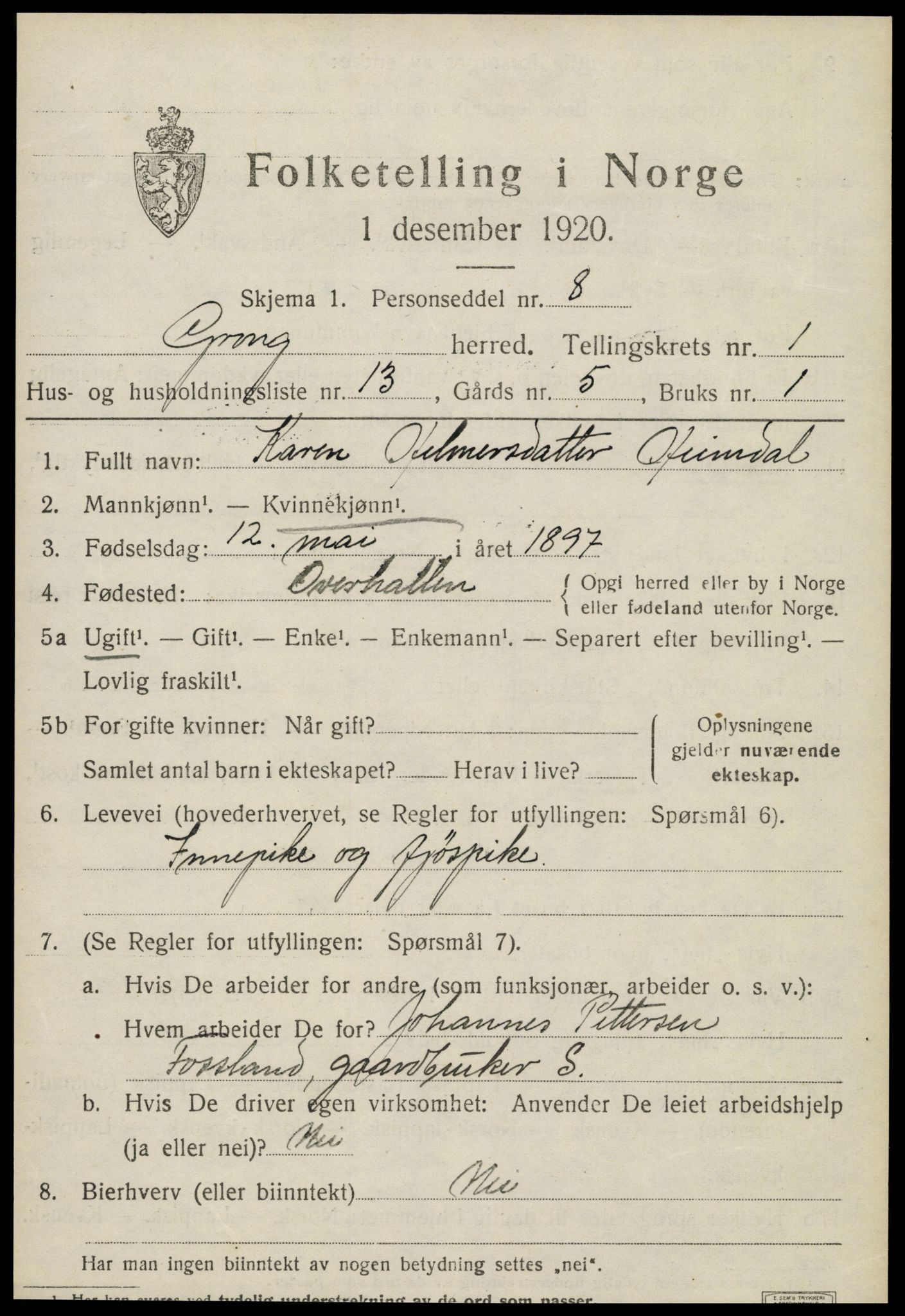 SAT, Folketelling 1920 for 1742 Grong herred, 1920, s. 1181