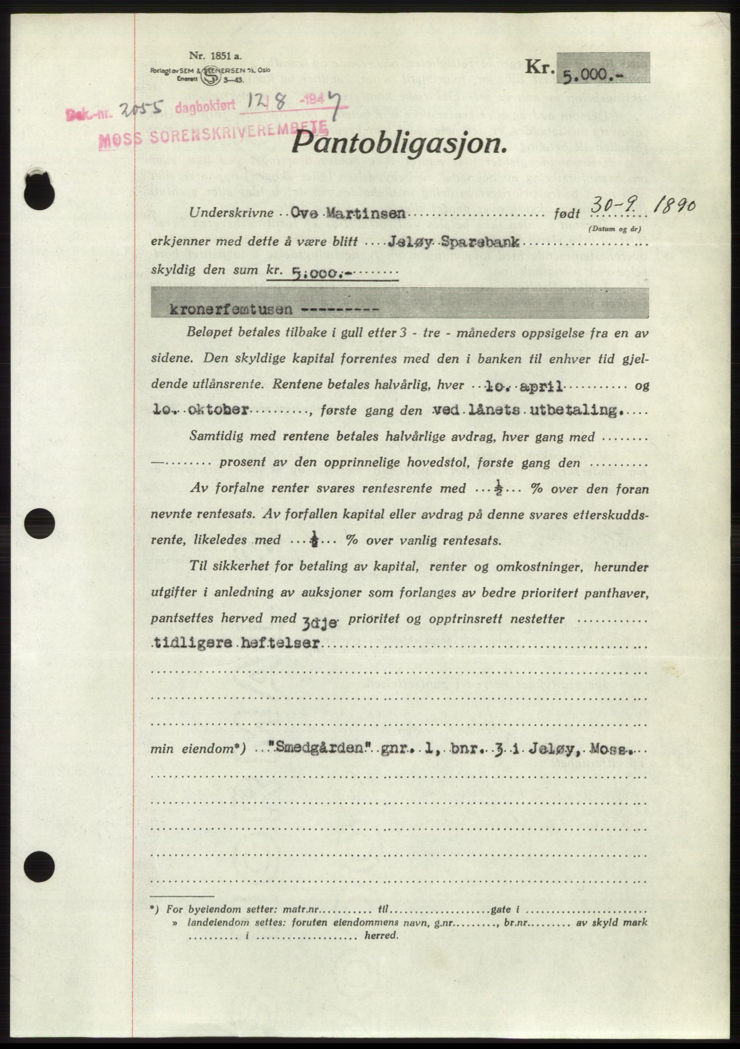 Moss sorenskriveri, SAO/A-10168: Pantebok nr. B17, 1947-1947, Dagboknr: 2055/1947