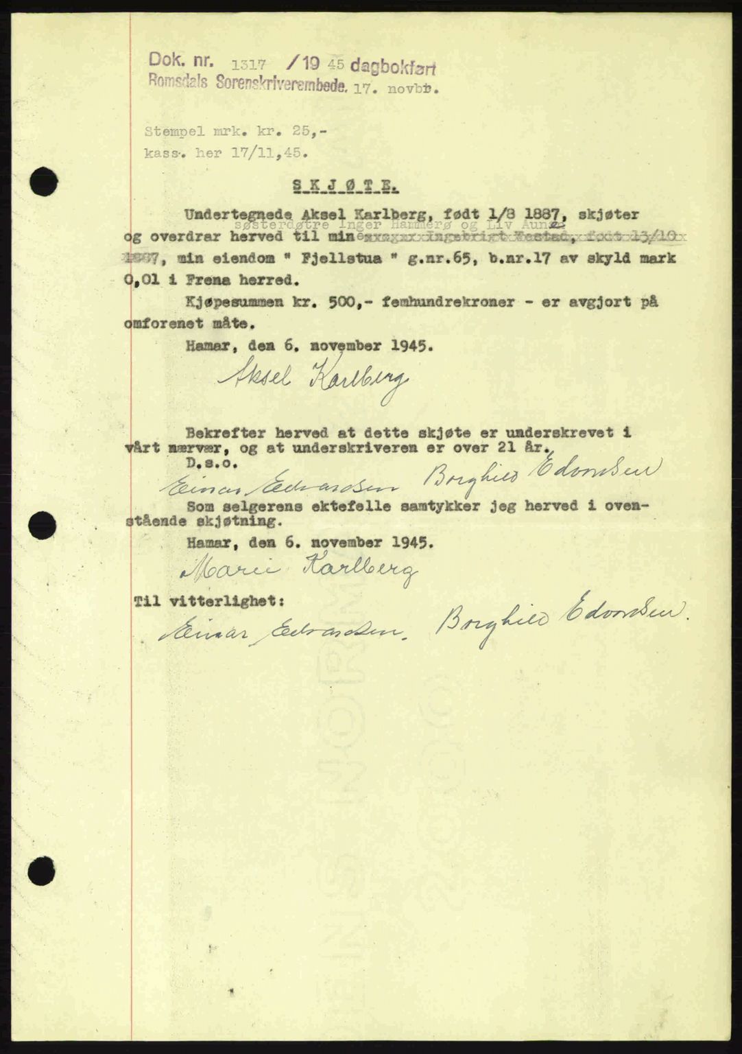 Romsdal sorenskriveri, SAT/A-4149/1/2/2C: Pantebok nr. A18, 1945-1945, Dagboknr: 1317/1945