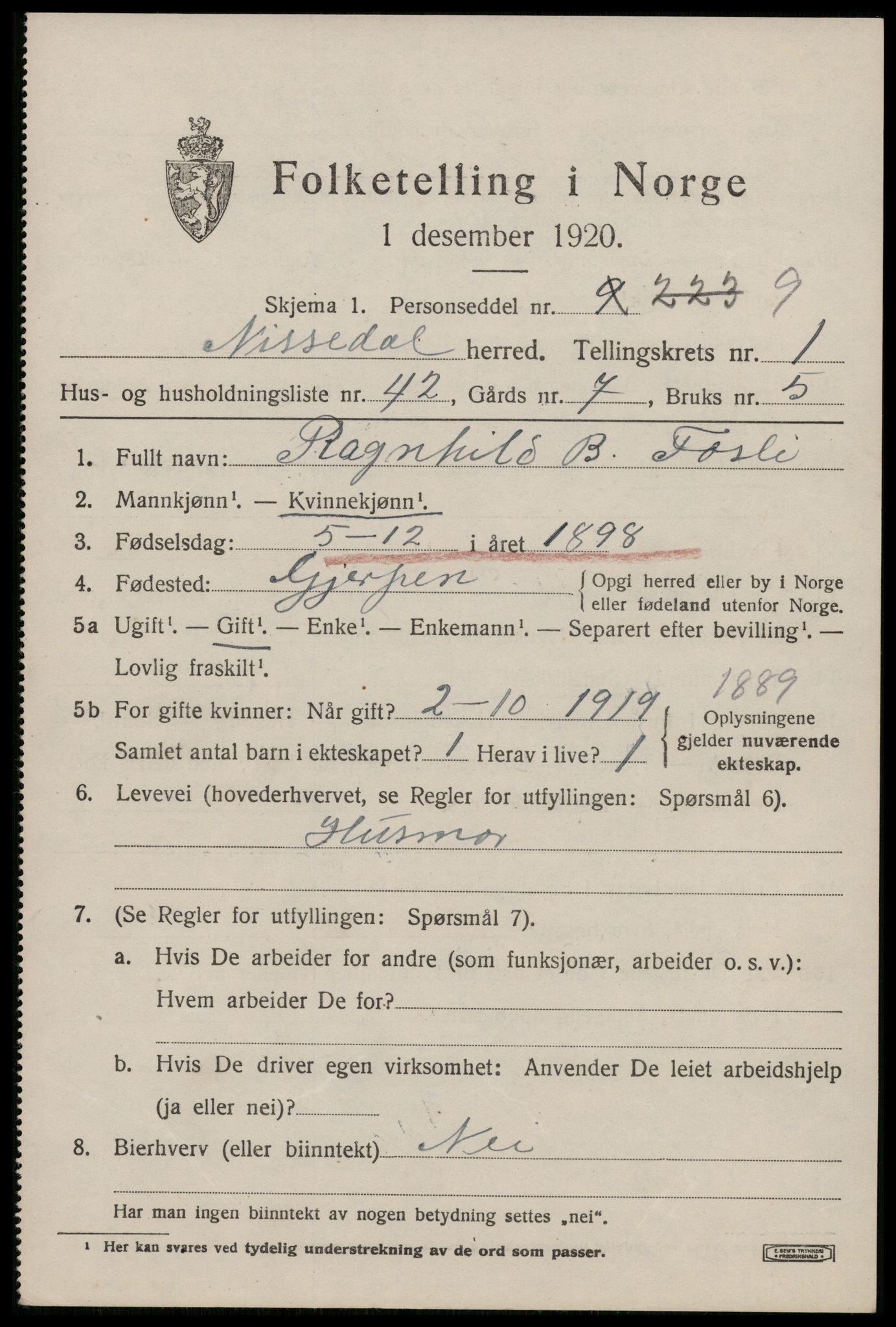 SAKO, Folketelling 1920 for 0830 Nissedal herred, 1920, s. 1279