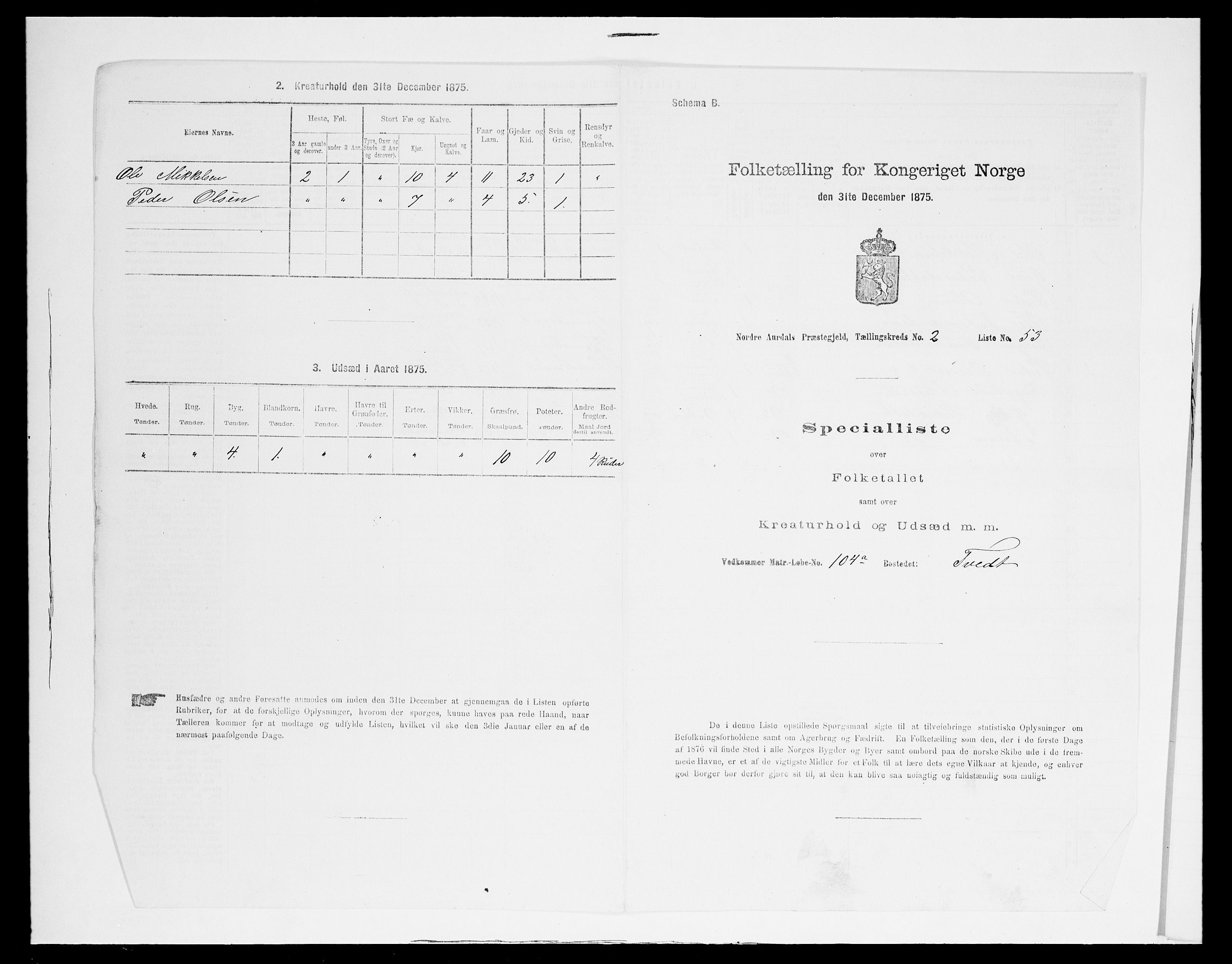 SAH, Folketelling 1875 for 0542P Nord-Aurdal prestegjeld, 1875, s. 442