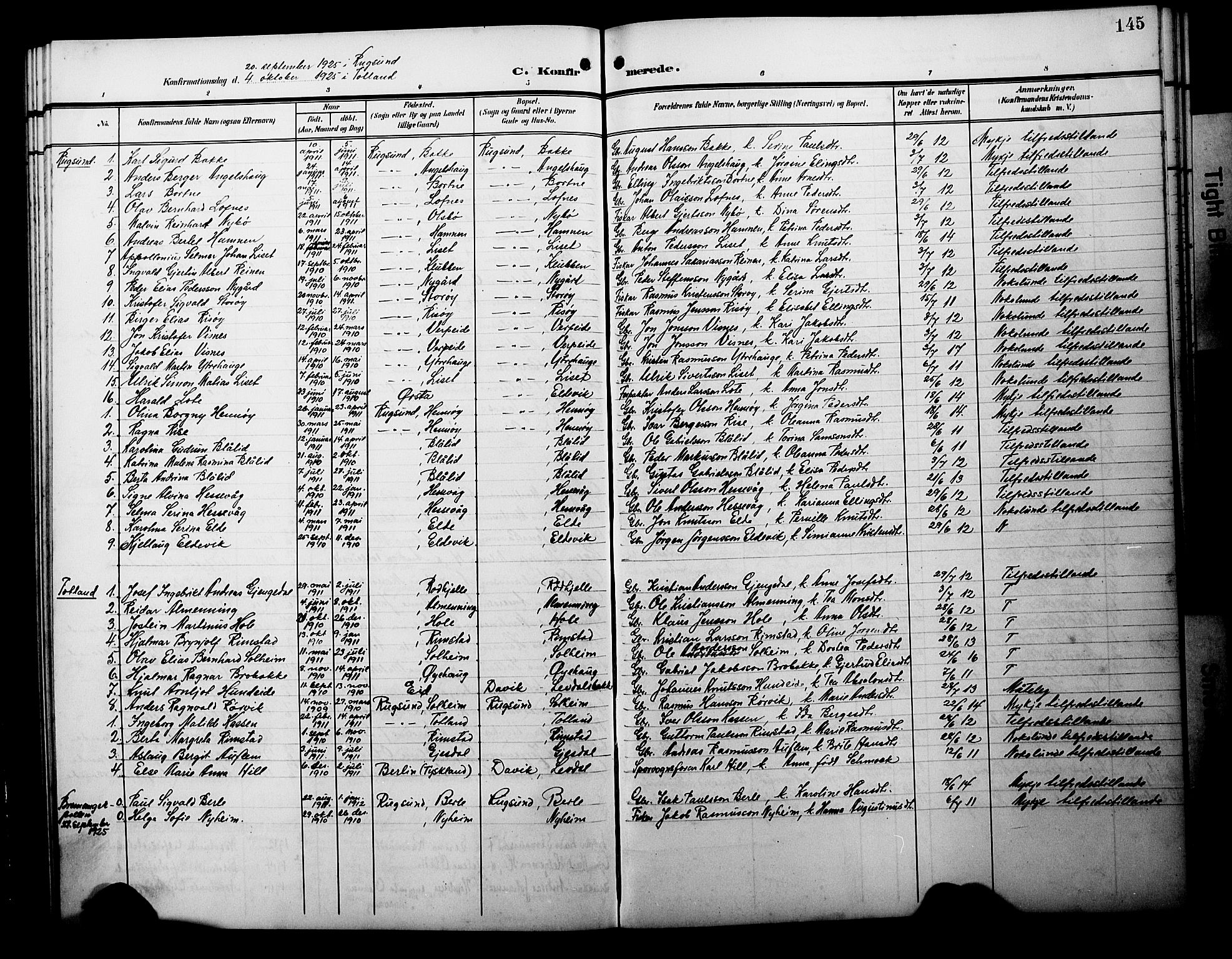 Davik sokneprestembete, AV/SAB-A-79701/H/Hab/Habc/L0003: Klokkerbok nr. C 3, 1907-1929, s. 145