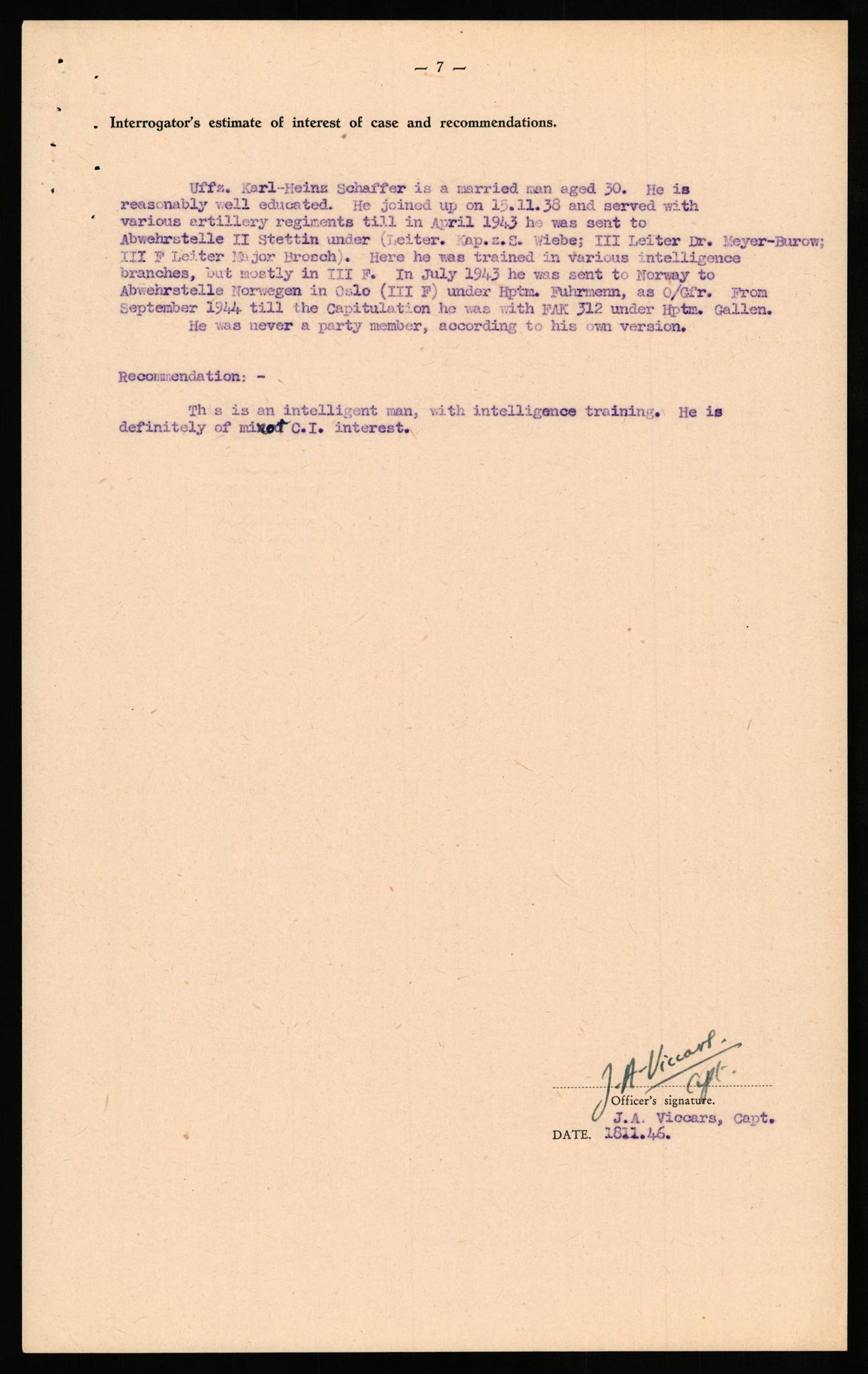 Forsvaret, Forsvarets overkommando II, RA/RAFA-3915/D/Db/L0029: CI Questionaires. Tyske okkupasjonsstyrker i Norge. Tyskere., 1945-1946, s. 32
