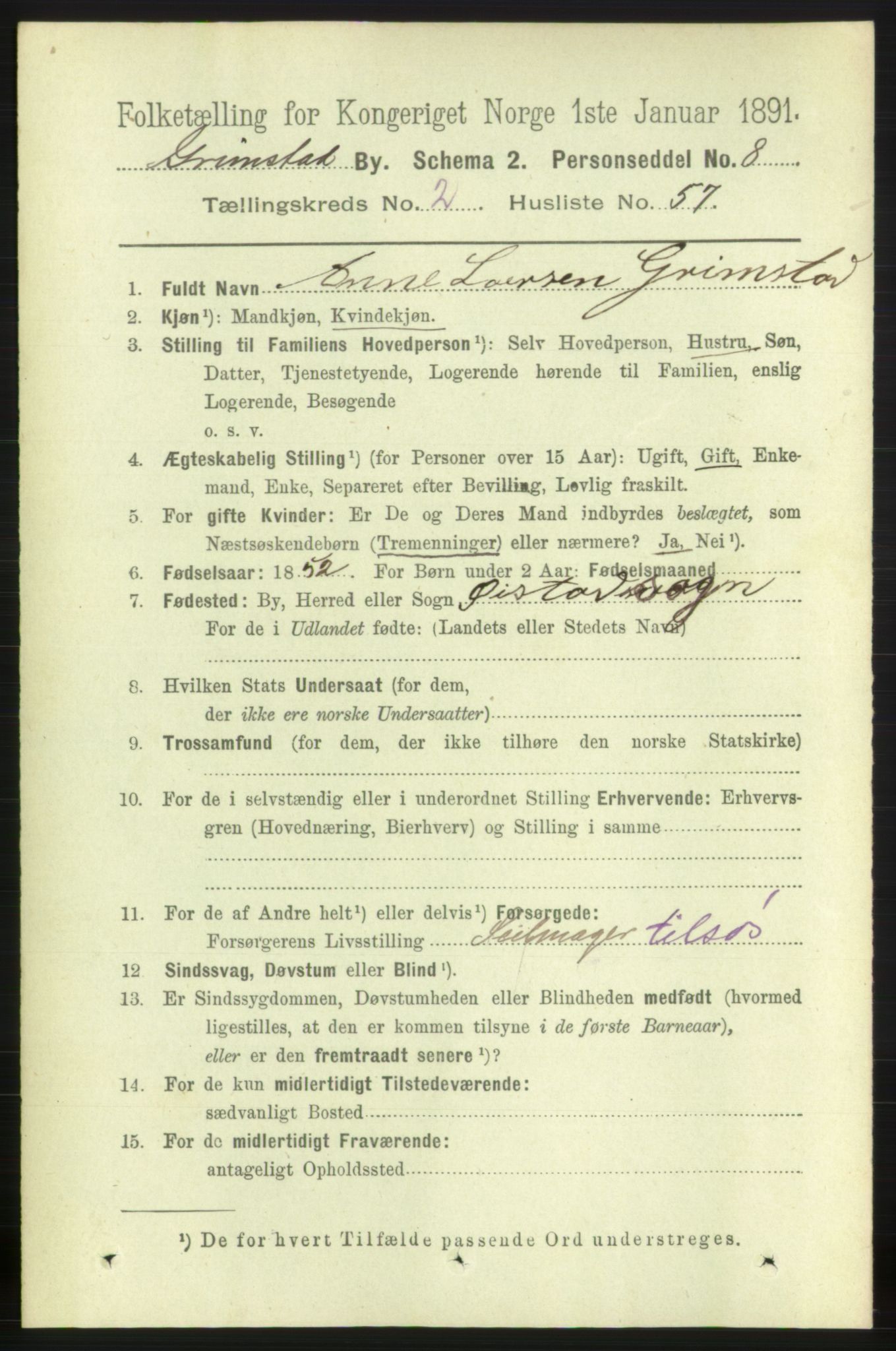 RA, Folketelling 1891 for 0904 Grimstad kjøpstad, 1891, s. 1898