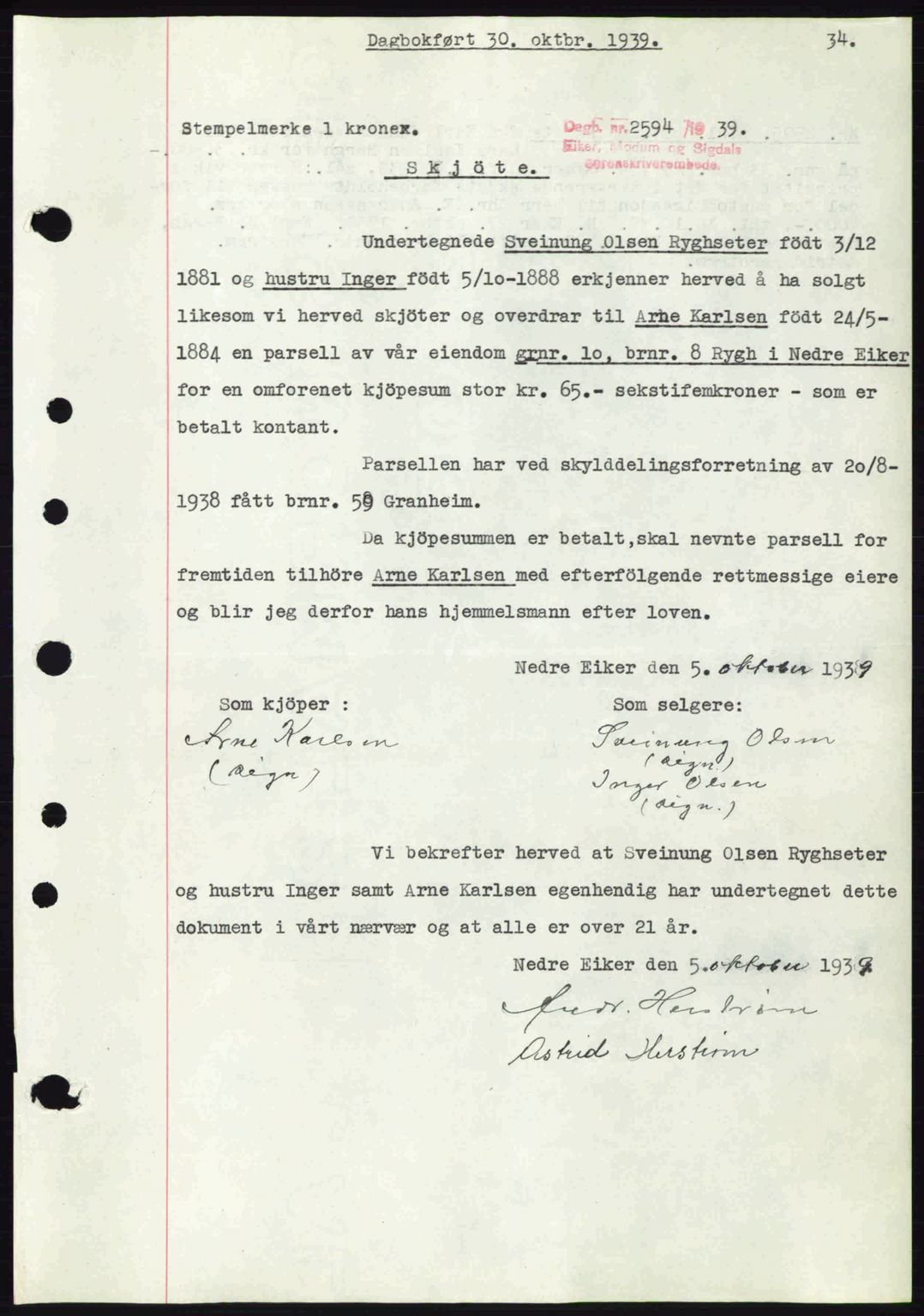 Eiker, Modum og Sigdal sorenskriveri, SAKO/A-123/G/Ga/Gab/L0041: Pantebok nr. A11, 1939-1940, Dagboknr: 2594/1939