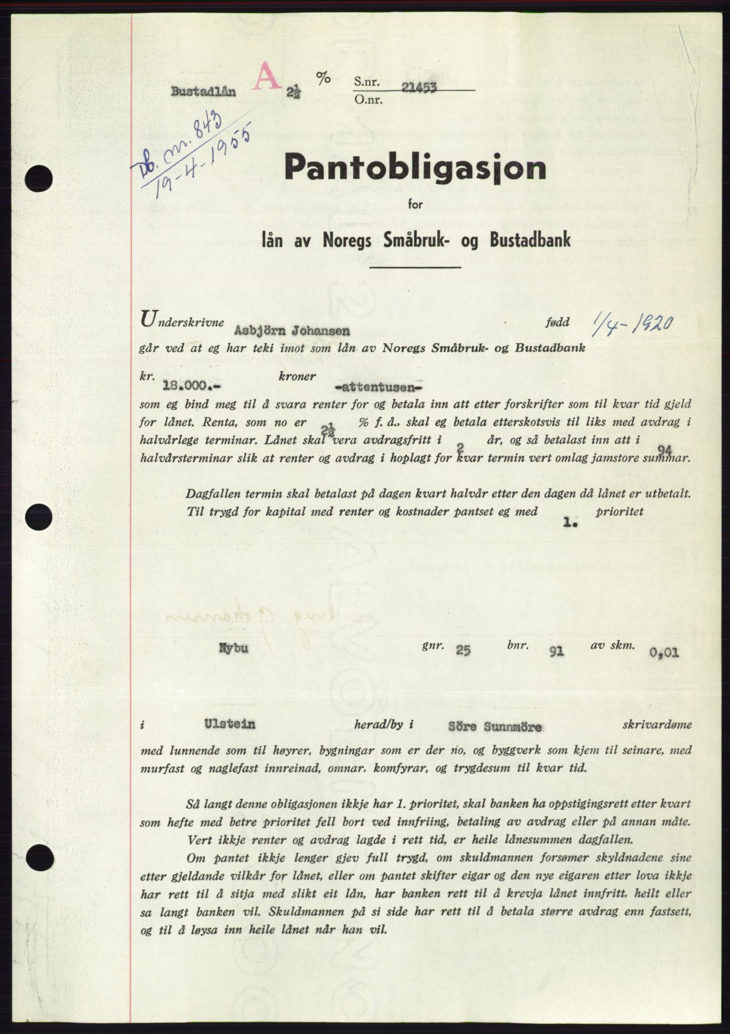 Søre Sunnmøre sorenskriveri, AV/SAT-A-4122/1/2/2C/L0126: Pantebok nr. 14B, 1954-1955, Dagboknr: 843/1955