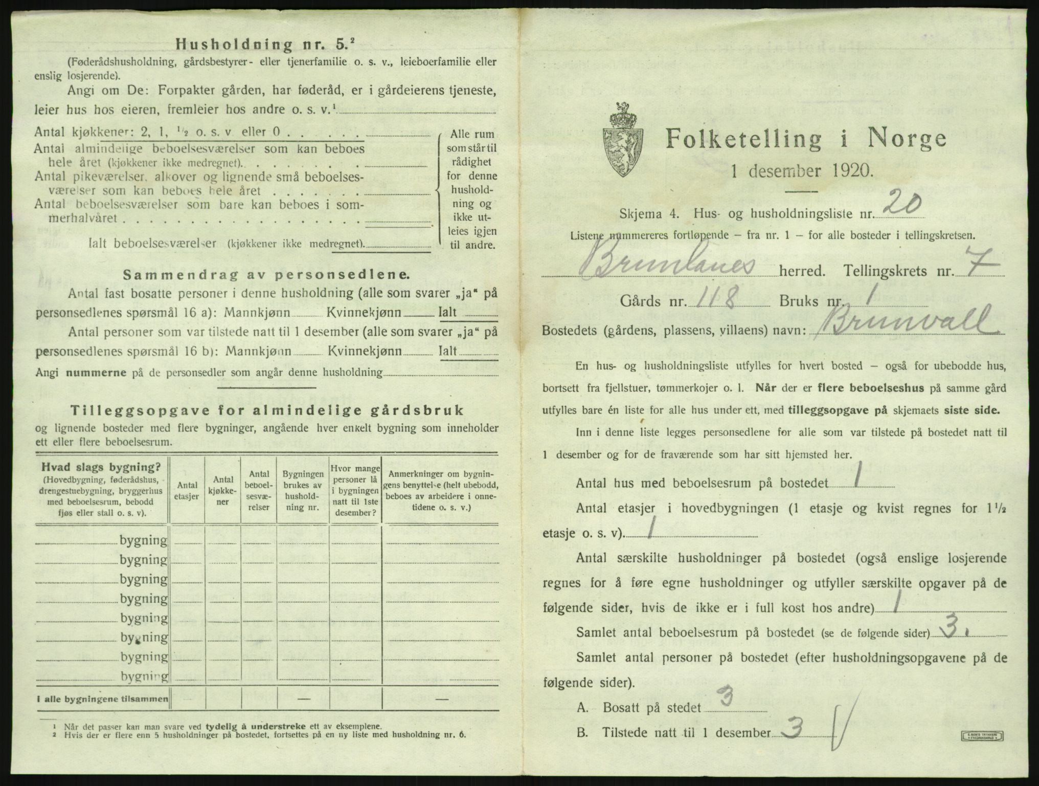 SAKO, Folketelling 1920 for 0726 Brunlanes herred, 1920, s. 961