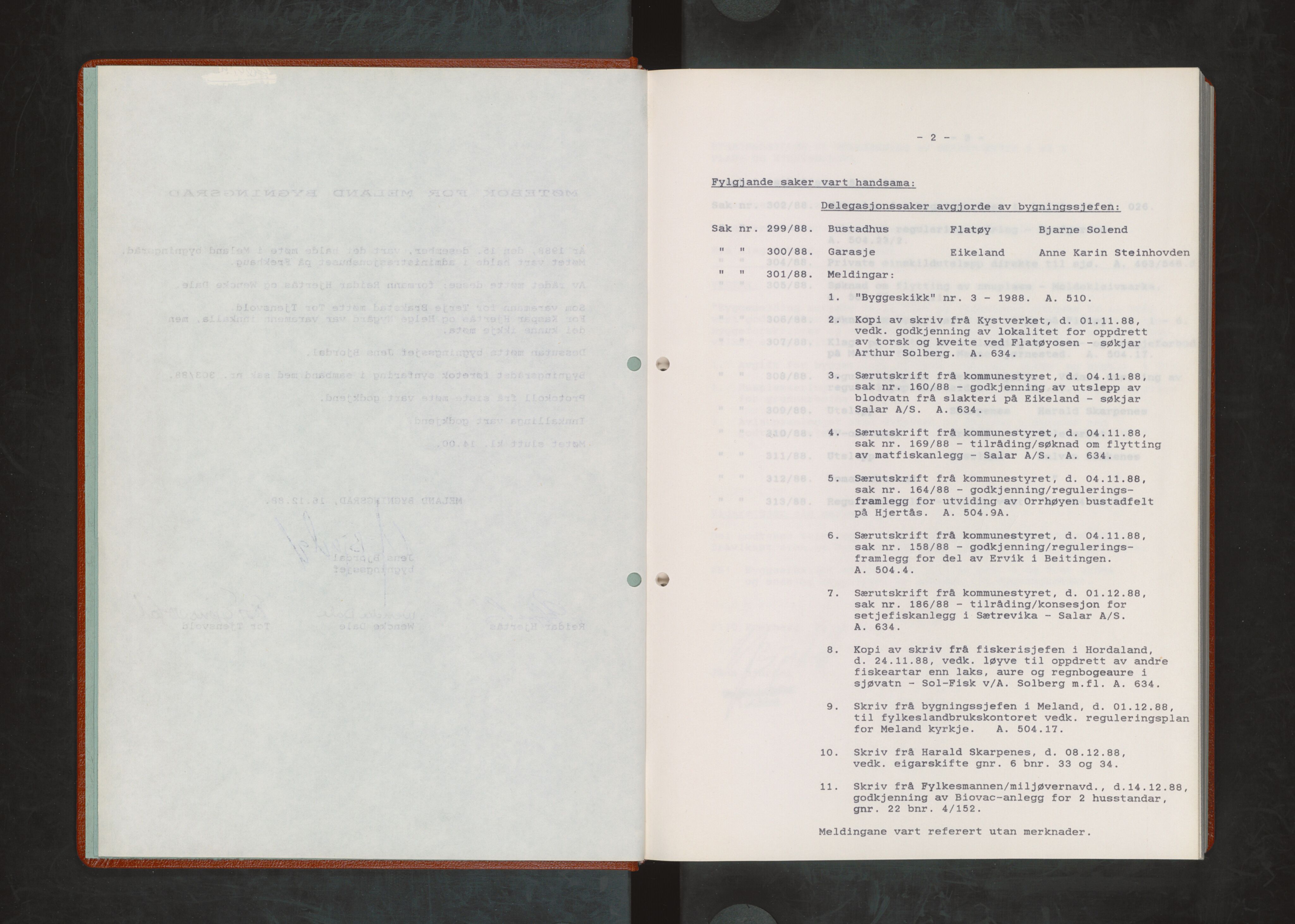 Meland kommune. Bygningsrådet , IKAH/1256-511/A/Aa/L0011: Møtebok for Meland bygningsråd, 1988