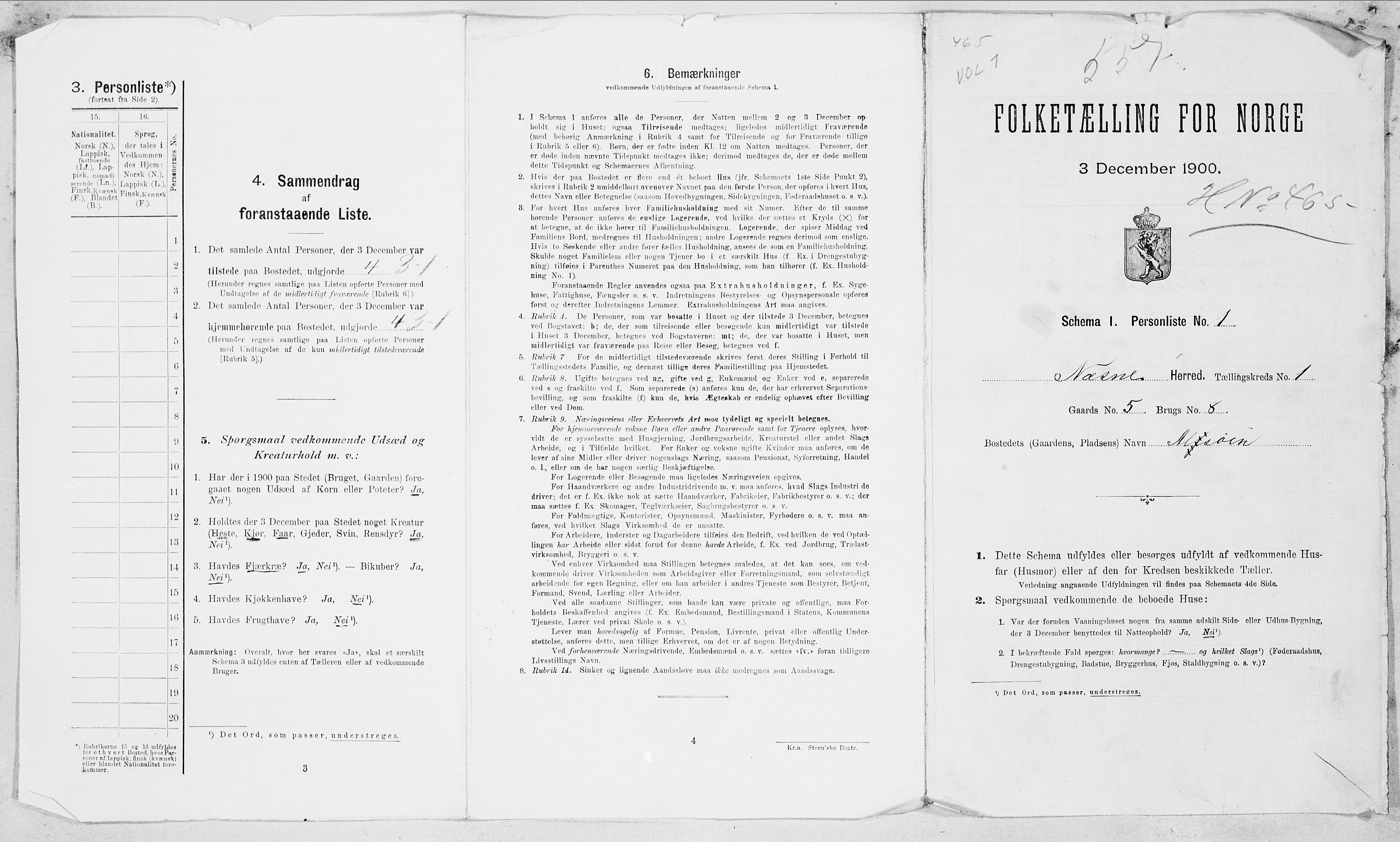 SAT, Folketelling 1900 for 1828 Nesna herred, 1900, s. 1