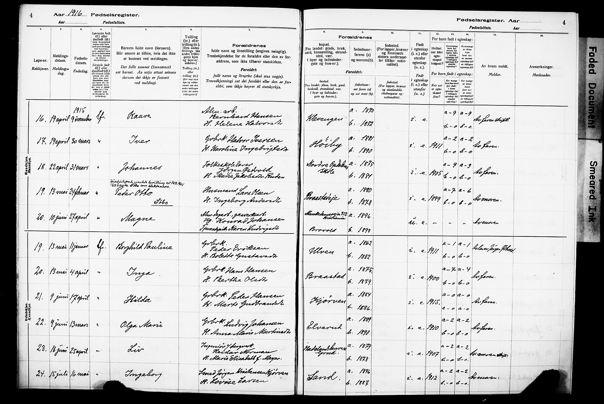 Lunner prestekontor, AV/SAH-PREST-118/I/Id/L0001: Fødselsregister nr. 1, 1916-1932, s. 4