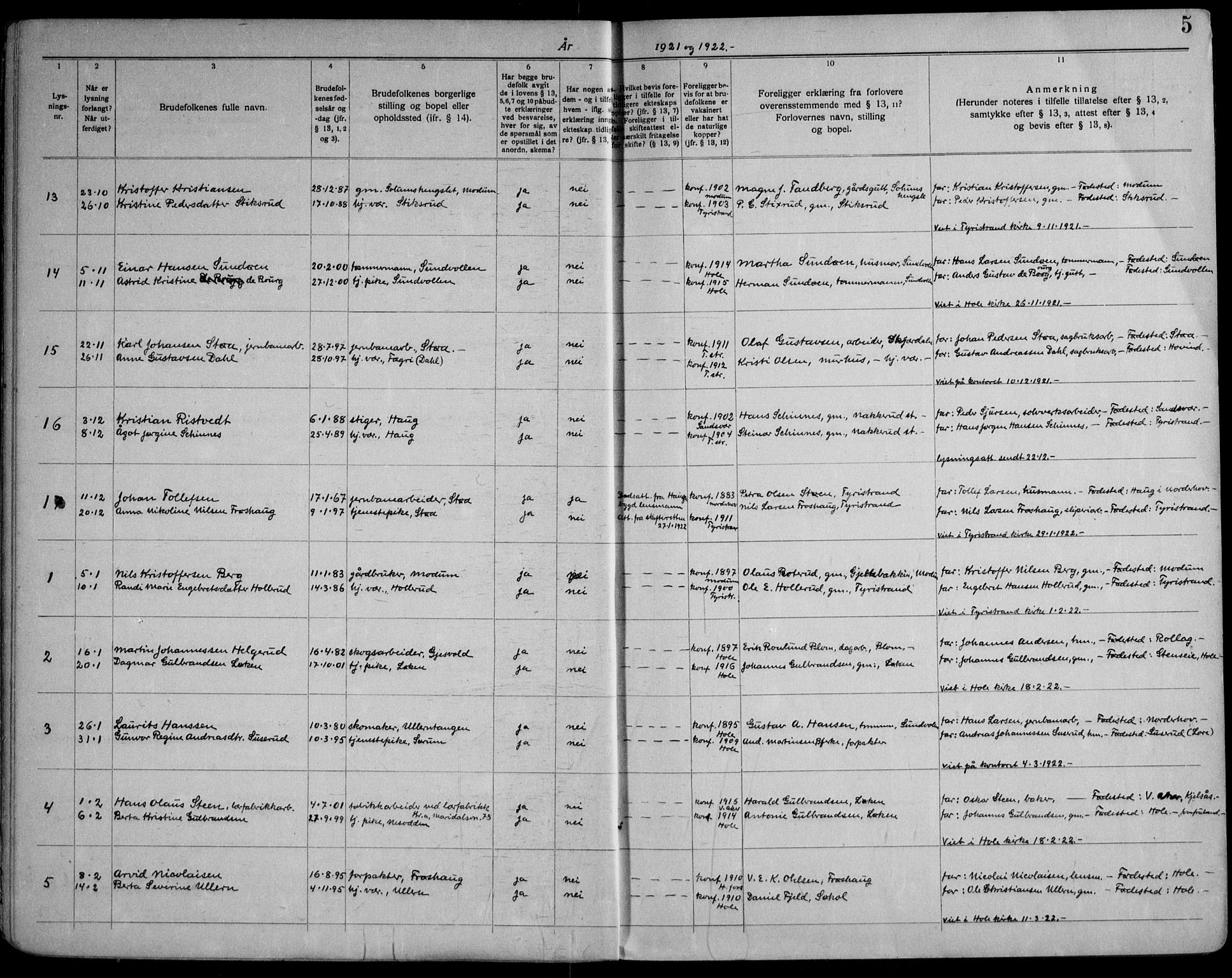 Hole kirkebøker, SAKO/A-228/H/Ha/L0004: Lysningsprotokoll nr. 4, 1919-1960, s. 5