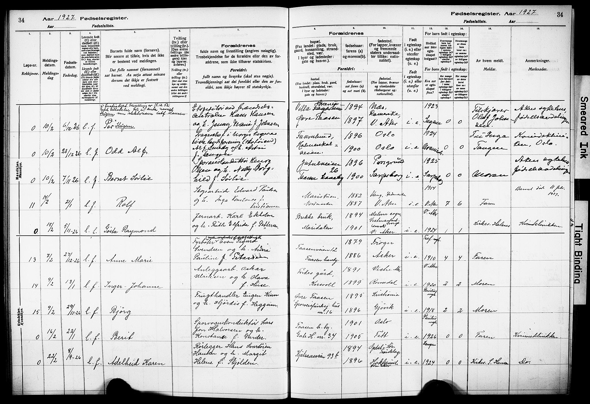 Vestre Aker prestekontor Kirkebøker, AV/SAO-A-10025/J/Ja/L0003: Fødselsregister nr. 3, 1926-1930, s. 34