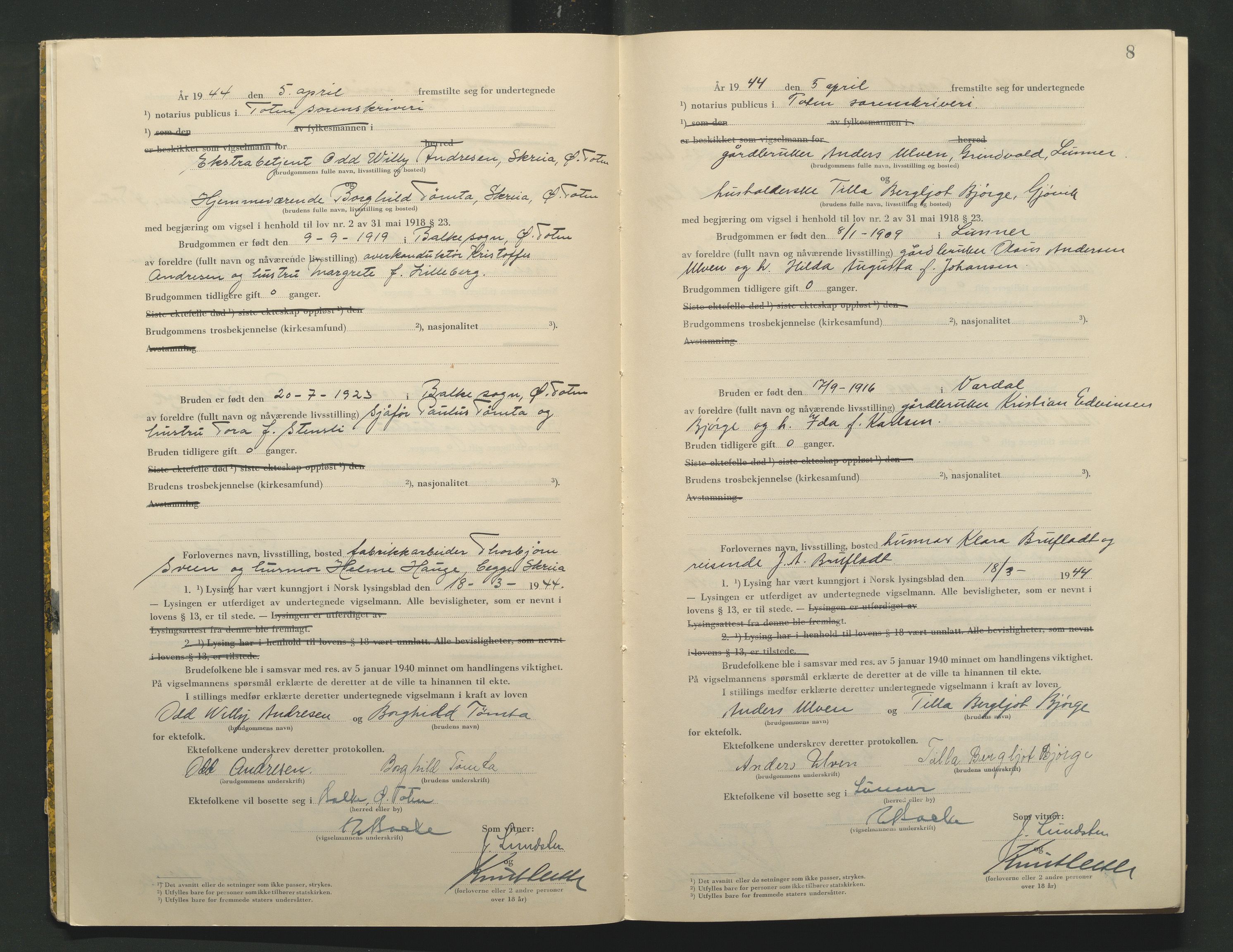 Toten tingrett, AV/SAH-TING-006/L/Lc/L0004: Vigselbok, 1944, s. 8