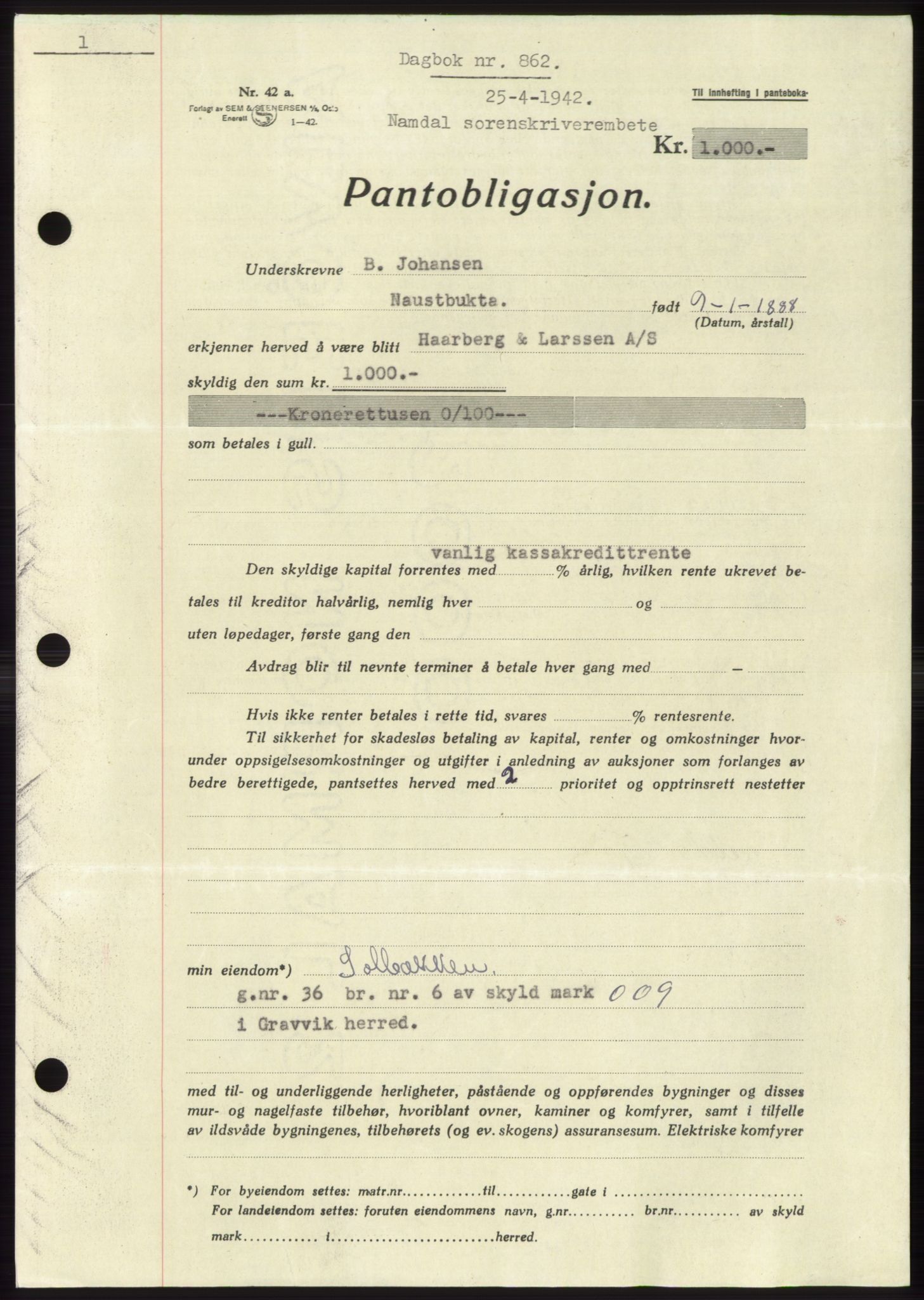 Namdal sorenskriveri, SAT/A-4133/1/2/2C: Pantebok nr. -, 1941-1942, Dagboknr: 862/1942