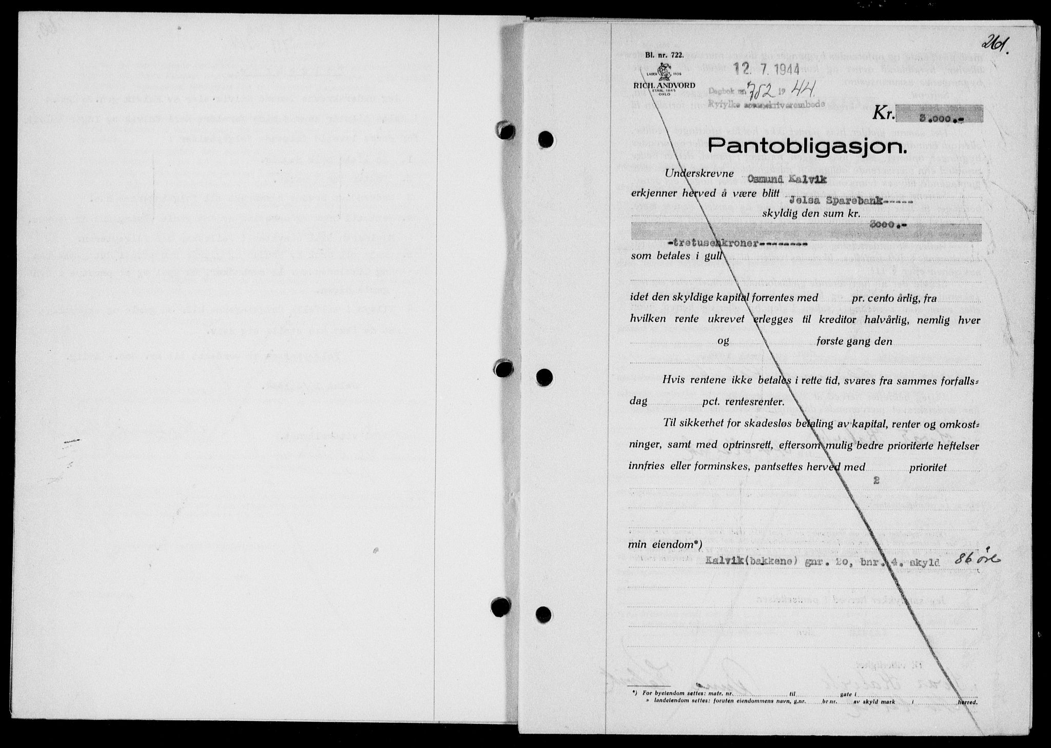 Ryfylke tingrett, SAST/A-100055/001/II/IIB/L0090: Pantebok nr. 69, 1943-1945, Dagboknr: 752/1944