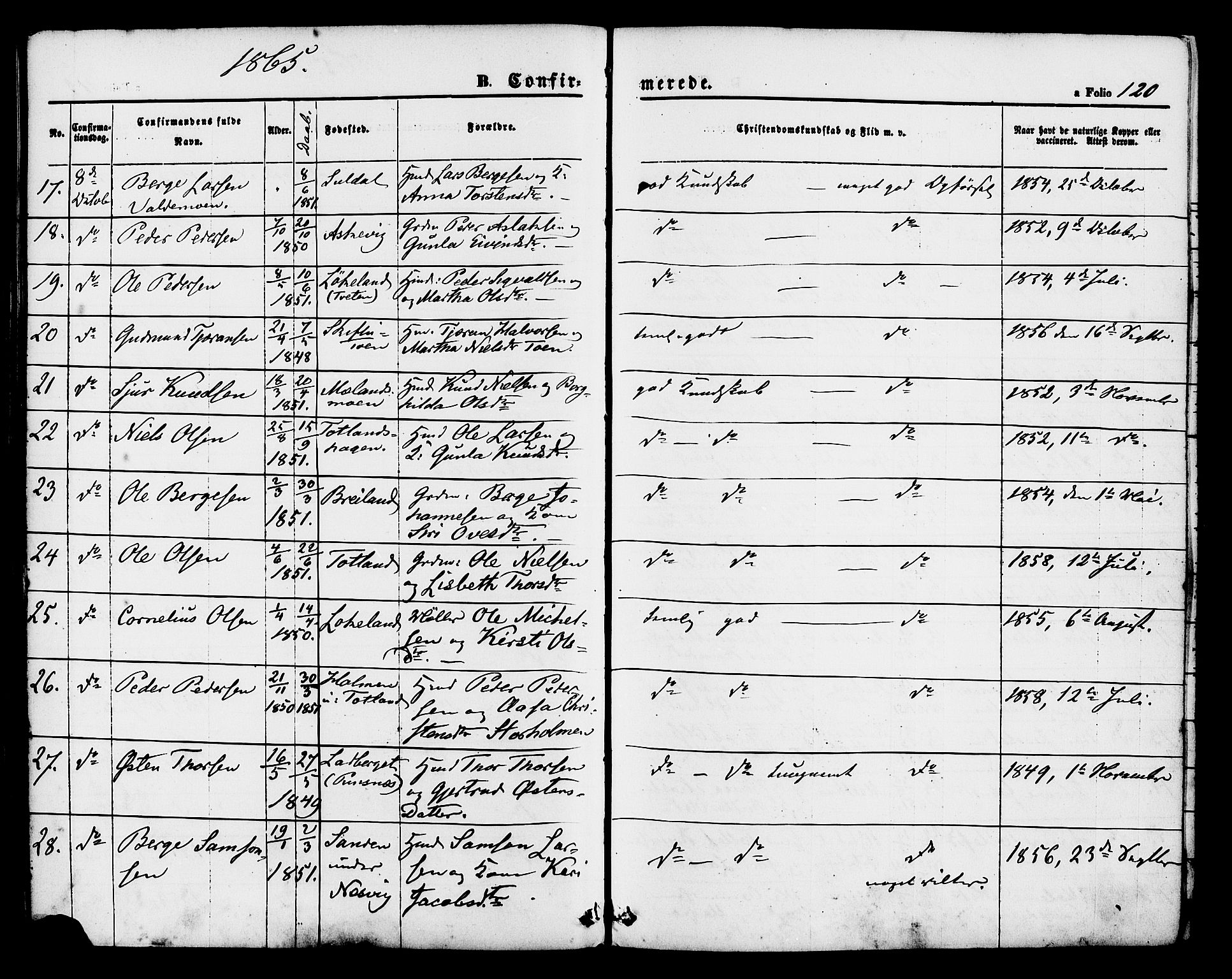 Hjelmeland sokneprestkontor, AV/SAST-A-101843/01/IV/L0011: Ministerialbok nr. A 11, 1861-1878, s. 120