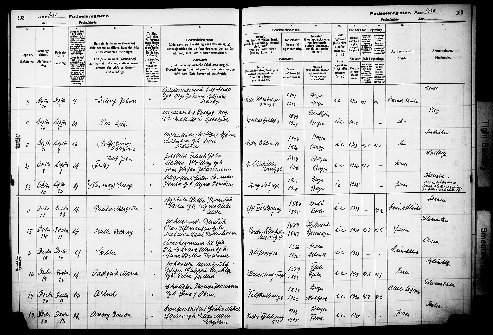 Korskirken sokneprestembete, AV/SAB-A-76101/I/Id/L00A1: Fødselsregister nr. A 1, 1916-1929, s. 193