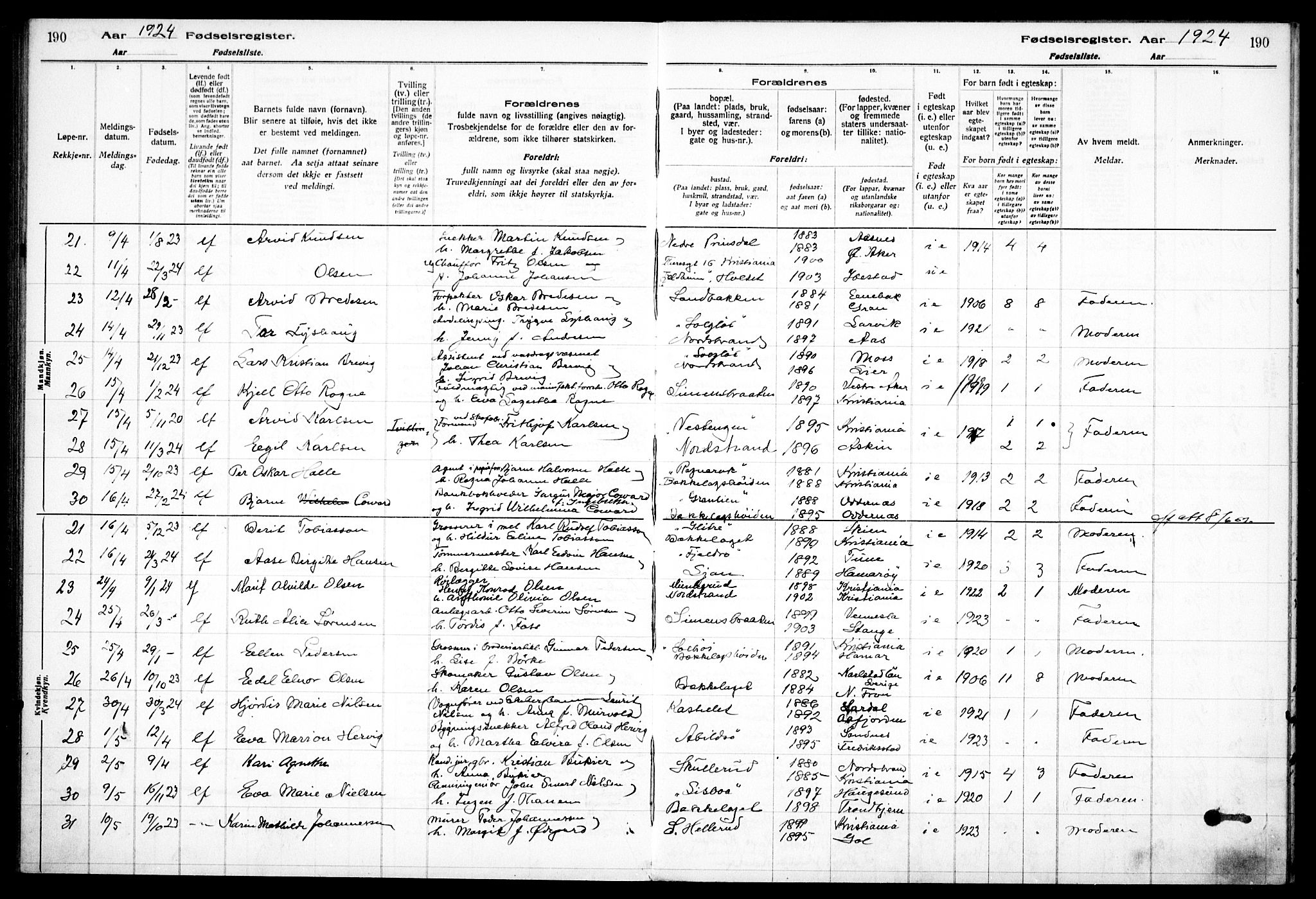 Nordstrand prestekontor Kirkebøker, AV/SAO-A-10362a/J/Ja/L0001: Fødselsregister nr. I 1, 1916-1924, s. 190