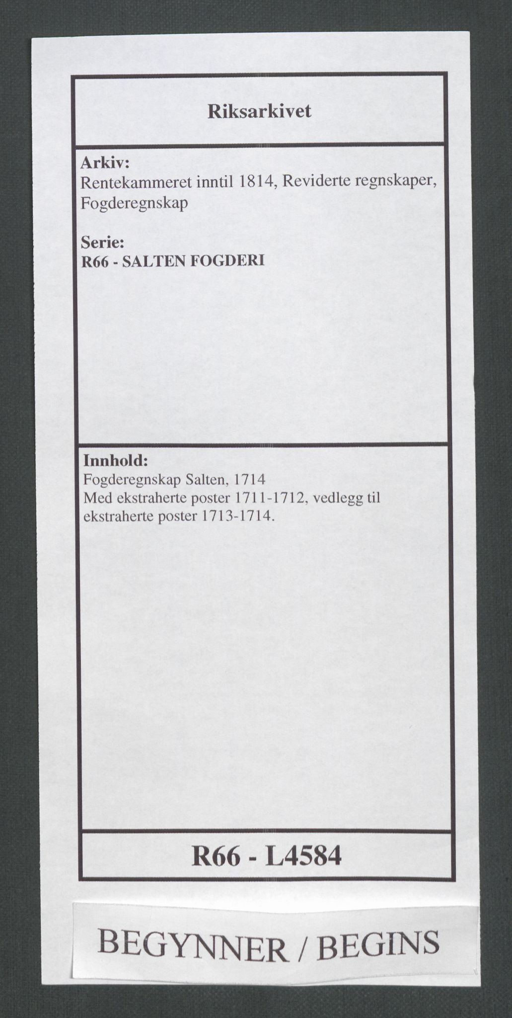 Rentekammeret inntil 1814, Reviderte regnskaper, Fogderegnskap, RA/EA-4092/R66/L4584: Fogderegnskap Salten, 1714, s. 1