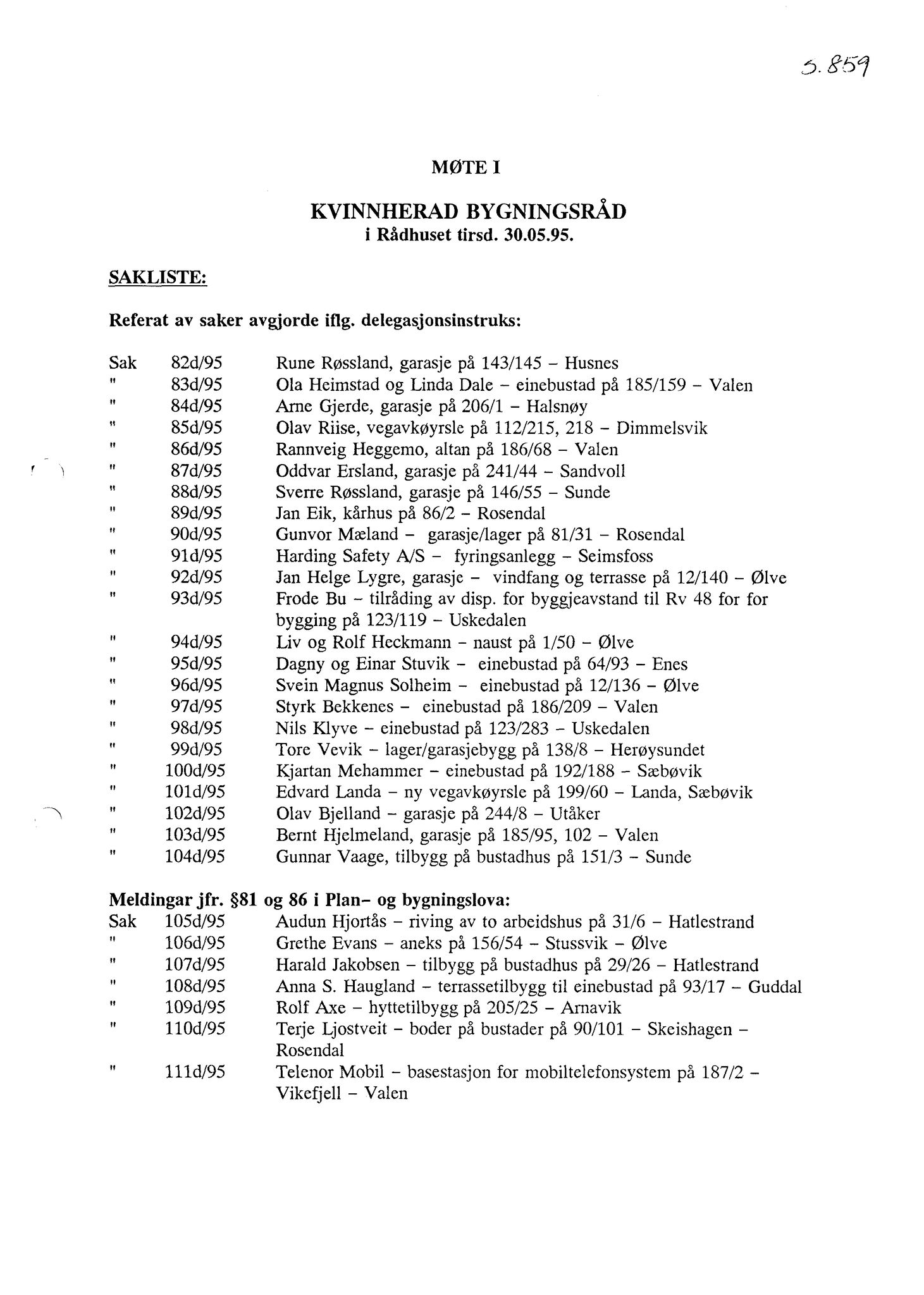 Kvinnherad kommune. Bygningsrådet , IKAH/1224-511/A/Aa/L0092: Møtebok for Kvinnherad bygningsråd, 1995